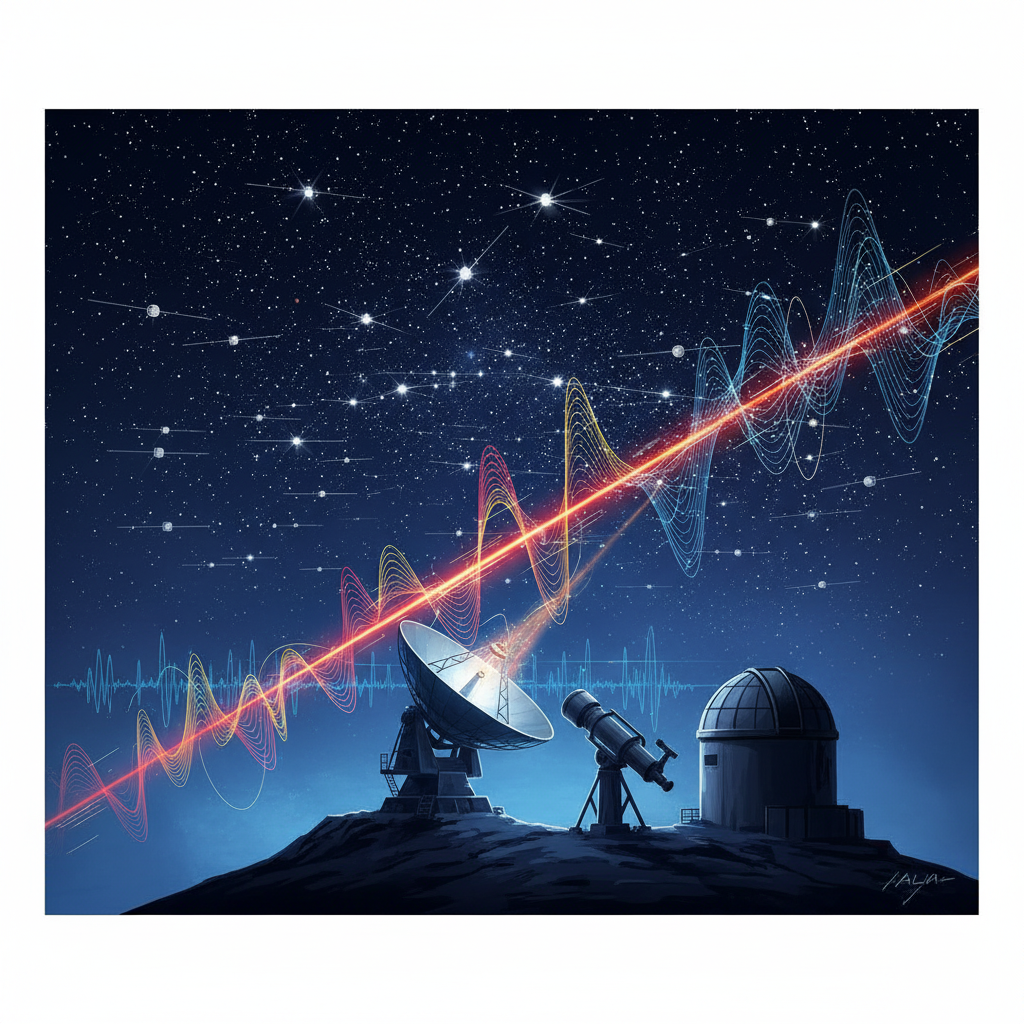 Radiotelescópio e telescópio óptico sob um céu noturno cheio de satélites e poluição eletromagnética.