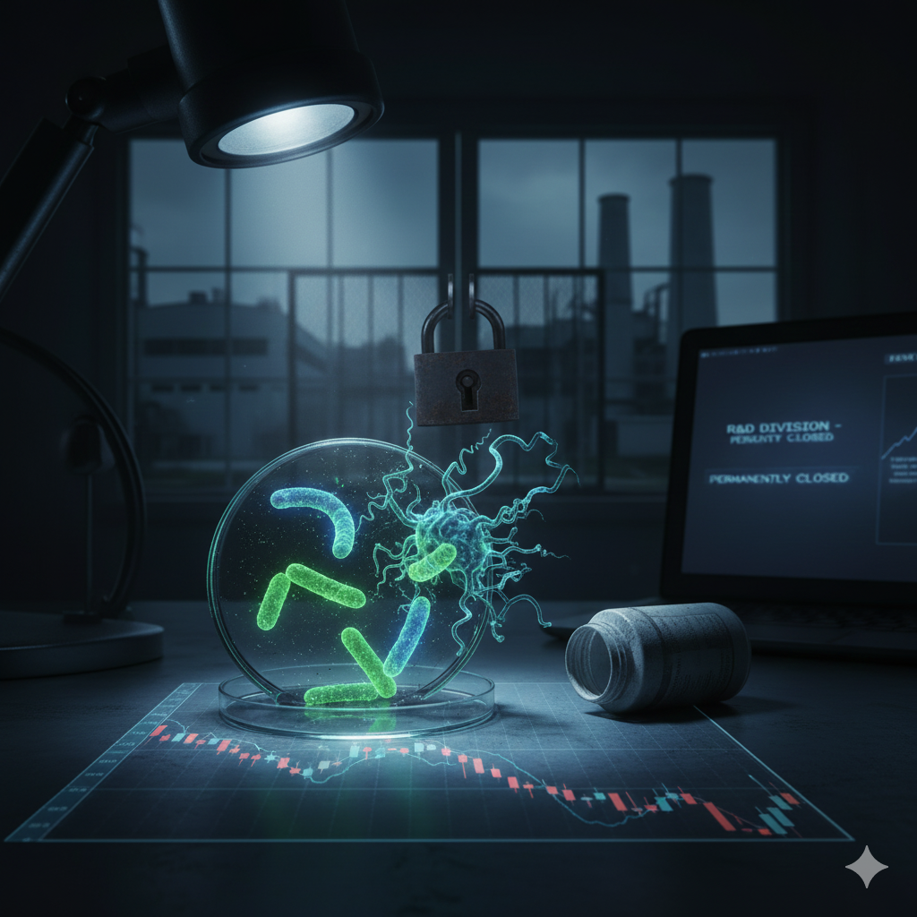 Placa de Petri com bactérias transbordando ao lado de um frasco de remédio vazio e empoeirado sobre um gráfico de ações em queda; ao fundo, uma fábrica fechada.