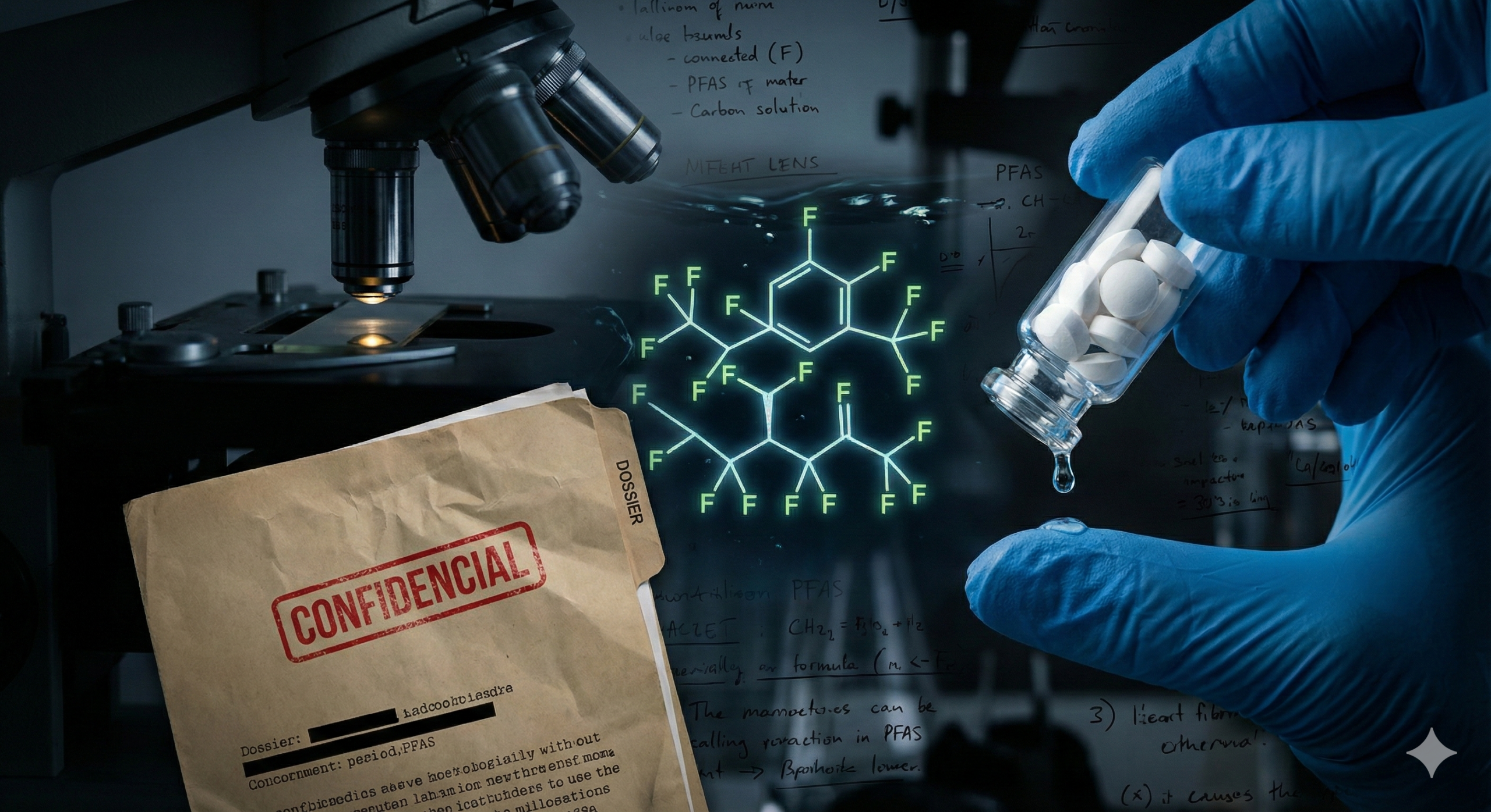 Imagem investigativa com microscópio, estrutura molecular brilhante de PFAS, pasta "CONFIDENCIAL" e mão com luva segurando frasco de pílulas e gota d'água.