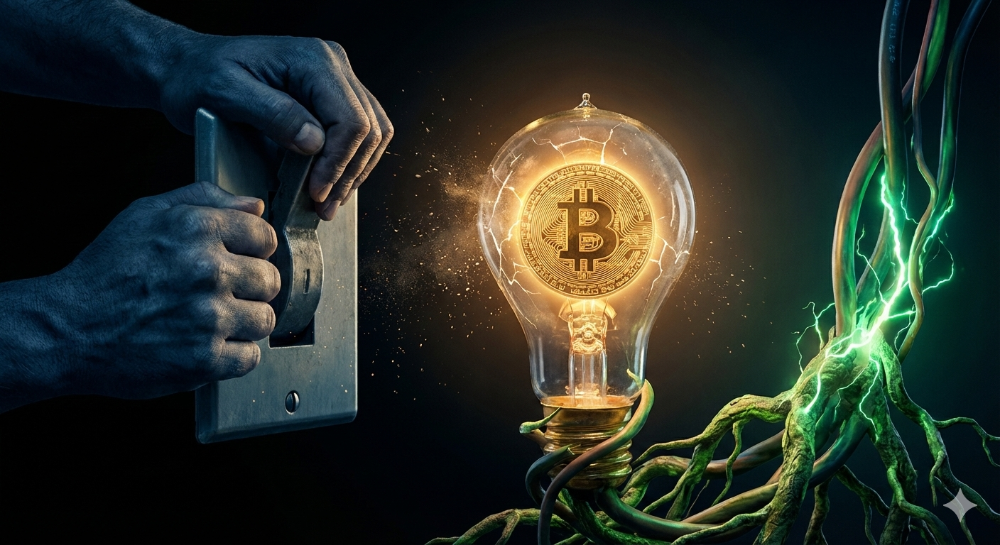 Bitcoin brilhando dentro de uma lâmpada rachada; mãos escuras ameaçam desligar o interruptor enquanto raízes verdes tentam manter a energia conectada.