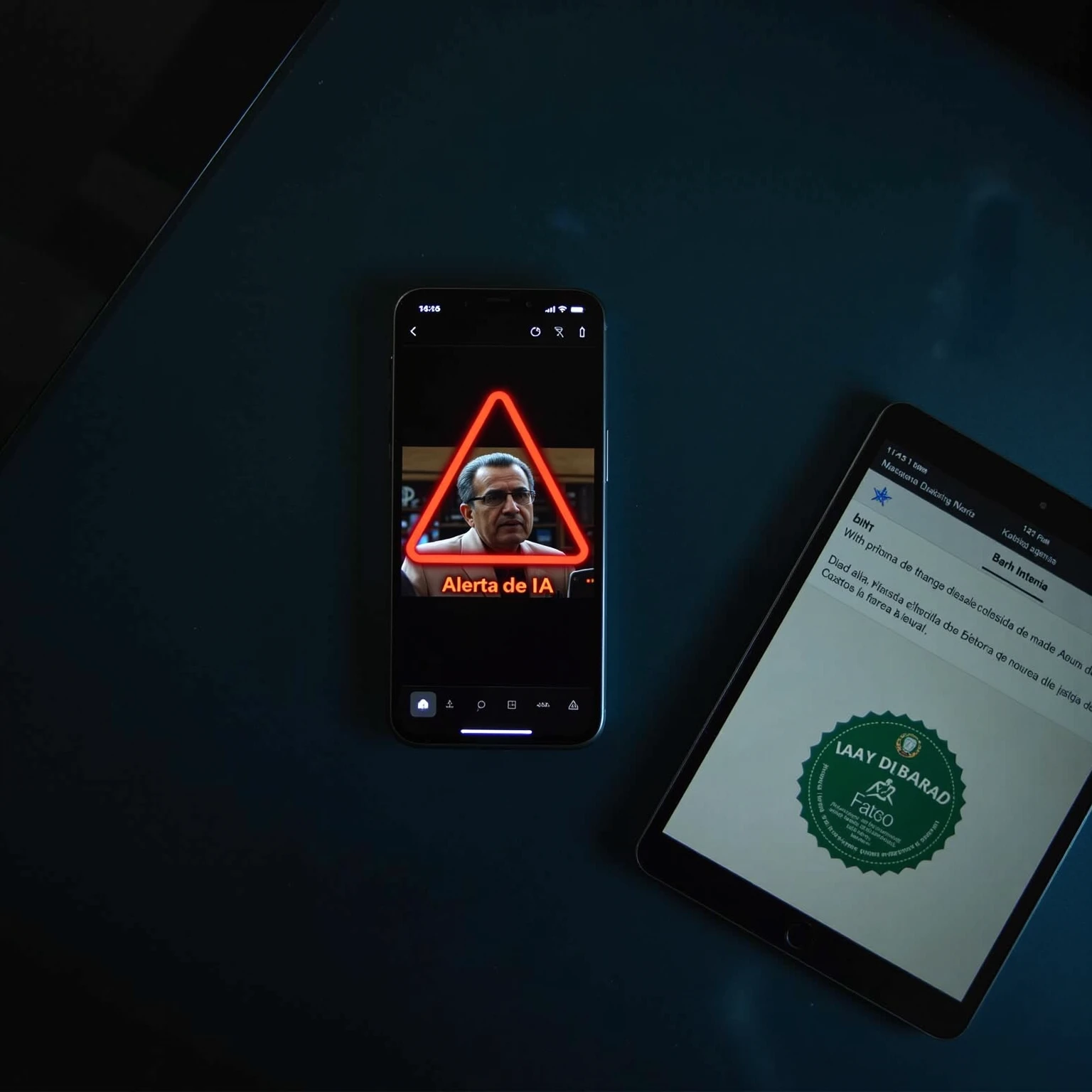 Smartphone e tablet sobre mesa de vidro escuro; o celular mostra um alerta de IA vermelho sobre um vídeo e o tablet exibe um selo verde de checagem de fatos.
