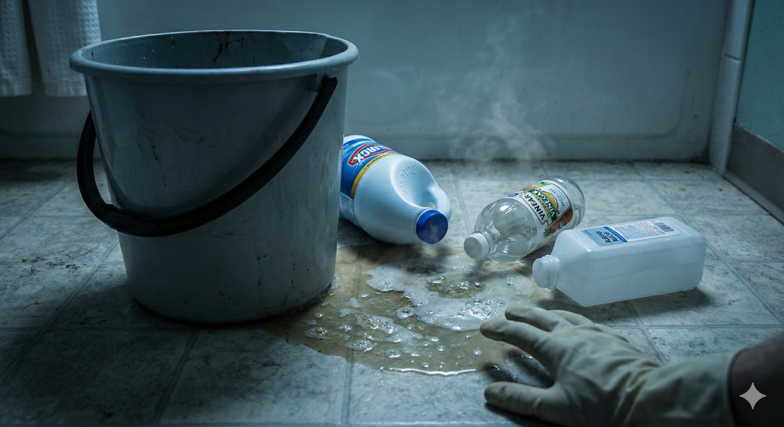Cena dramática no chão do banheiro com frascos tombados de alvejante, vinagre e álcool misturados, liberando vapor tóxico enquanto uma mão com luva se aproxima.