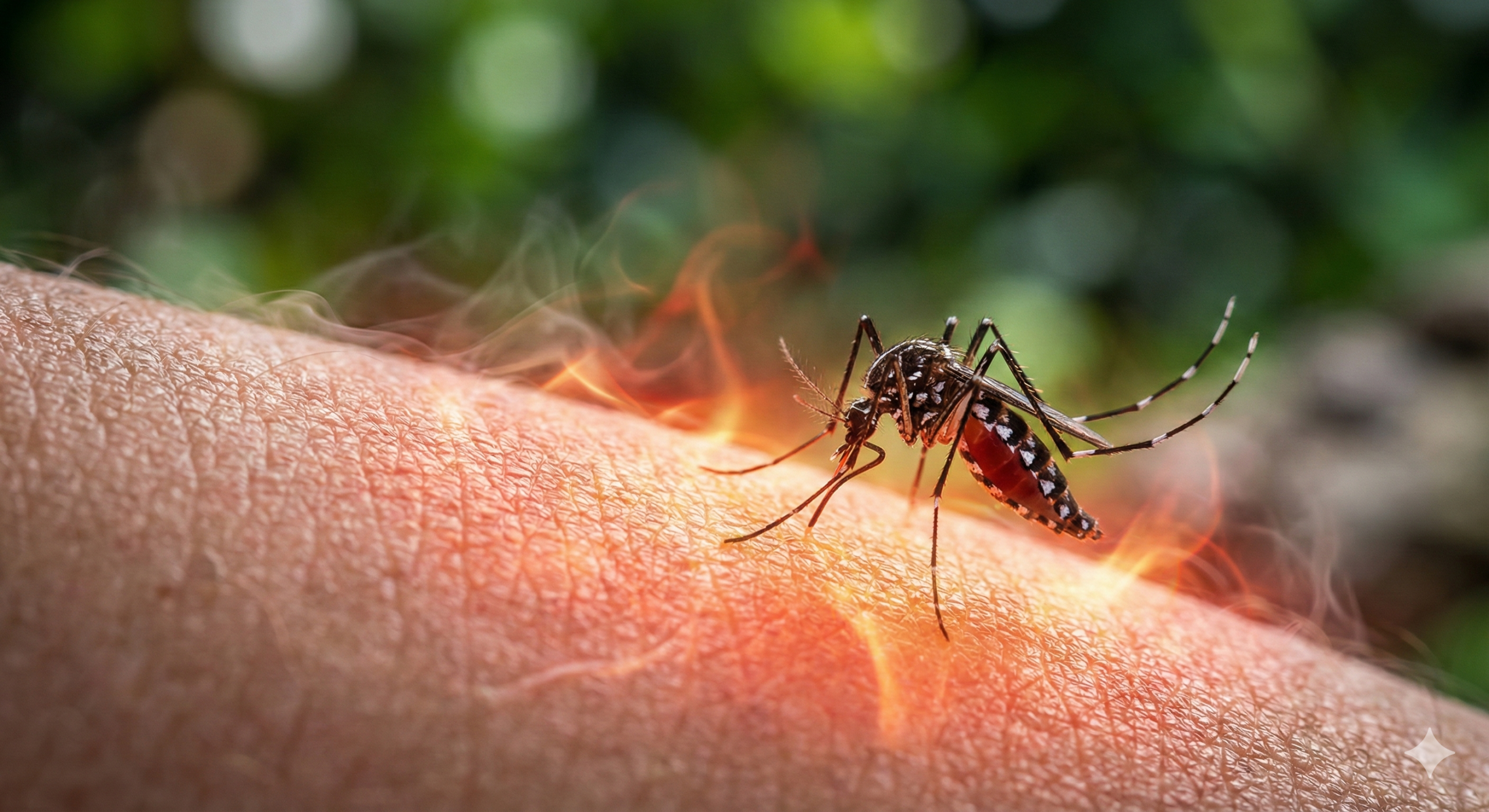 Macro conceitual de um mosquito Aedes aegypti pousando em pele humana, que emana um brilho laranja intenso de calor e vapor, ilustrando a atração por sinais térmicos e químicos.