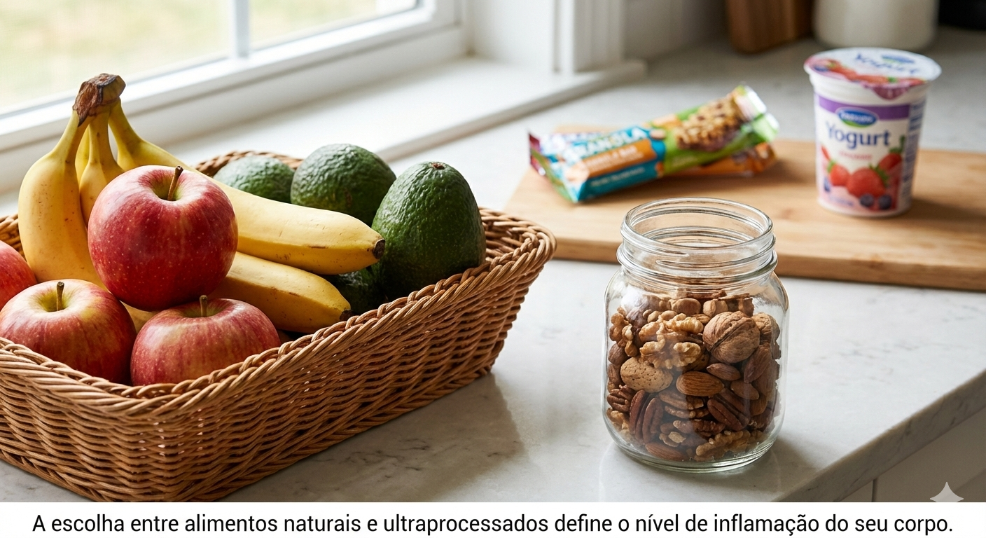 Cesta de frutas frescas e pote de nozes em foco no balcão da cozinha; ao fundo, embalagens de comida industrializada desfocadas.