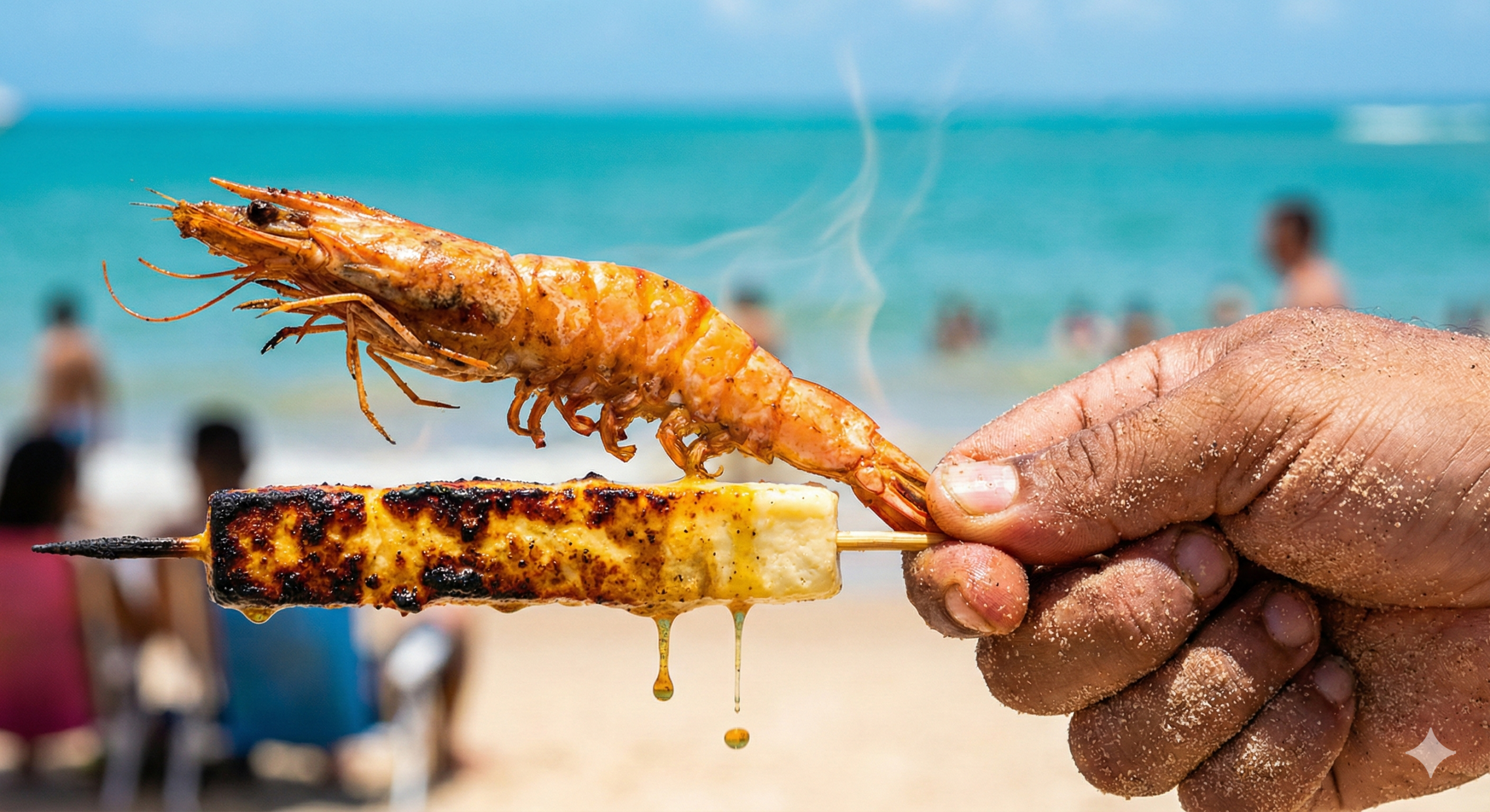 Close-up de mão arenosa segurando espetinhos de camarão grelhado fumegante e queijo coalho pingando óleo na praia sob sol forte.