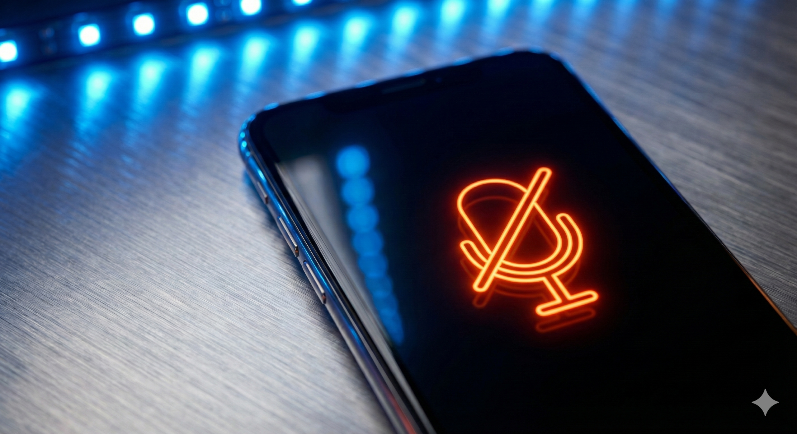 Smartphone em superfície metálica exibindo ícone de microfone bloqueado em laranja neon, com fundo de luzes azuis tecnológicas.