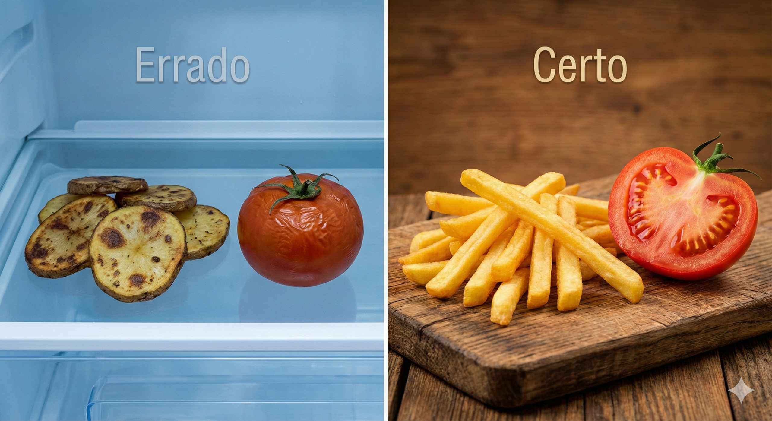 Imagem comparativa dividida. Esquerda ("Errado"): dentro de uma geladeira azul, batatas fritas escuras e um tomate enrugado. Direita ("Certo"): sobre madeira, batatas fritas douradas e um tomate fresco cortado ao meio.