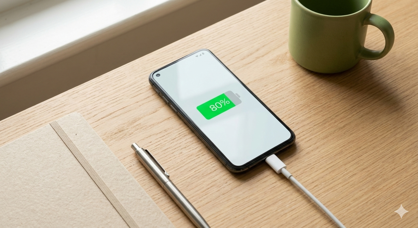 Smartphone em uma mesa de madeira carregando até 80%, ao lado de um caderno, caneta e caneca verde sob luz natural.