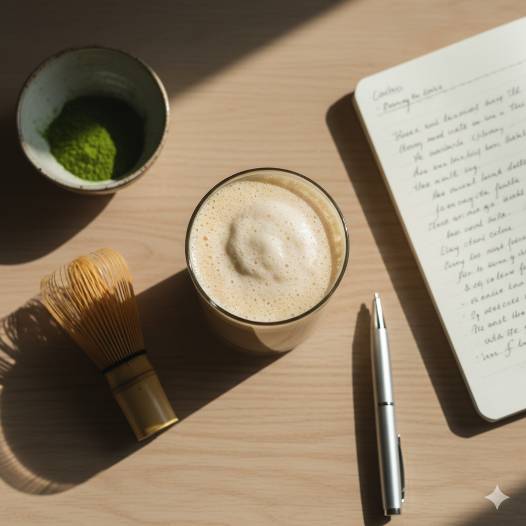 Visão superior de um café funcional cremoso, batedor de bambu, pó de matcha e um notebook sobre uma mesa de madeira clara, iluminados por luz natural.