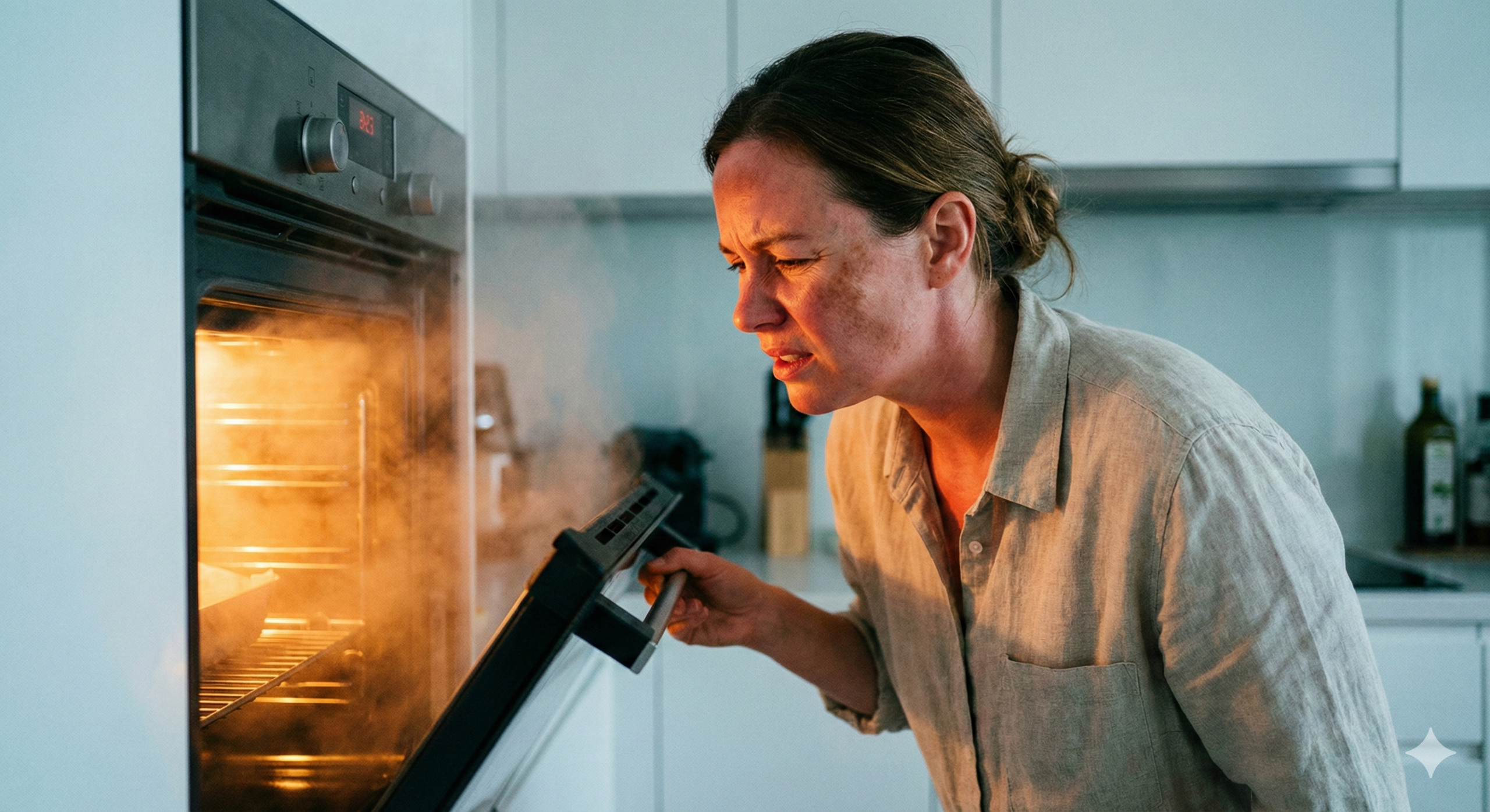 Close-up de mulher na cozinha com expressão de calor ao abrir um forno fumegante, destacando manchas de melasma em seu rosto iluminado pela luz laranja.