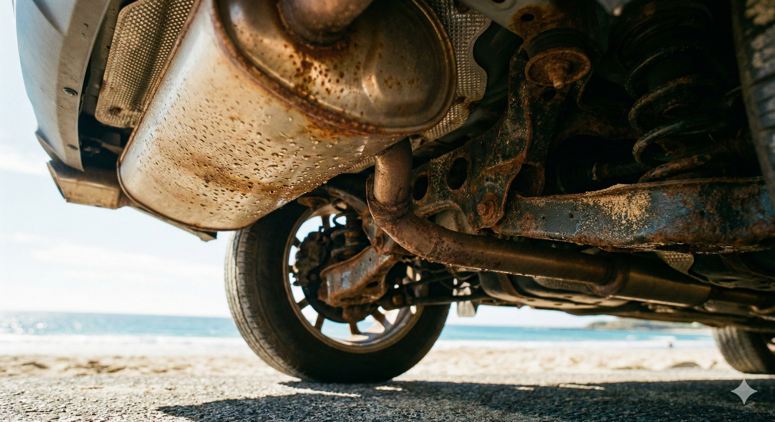 Vista debaixo de um carro mostrando ferrugem e areia no escapamento e suspensão, com uma praia ensolarada ao fundo.