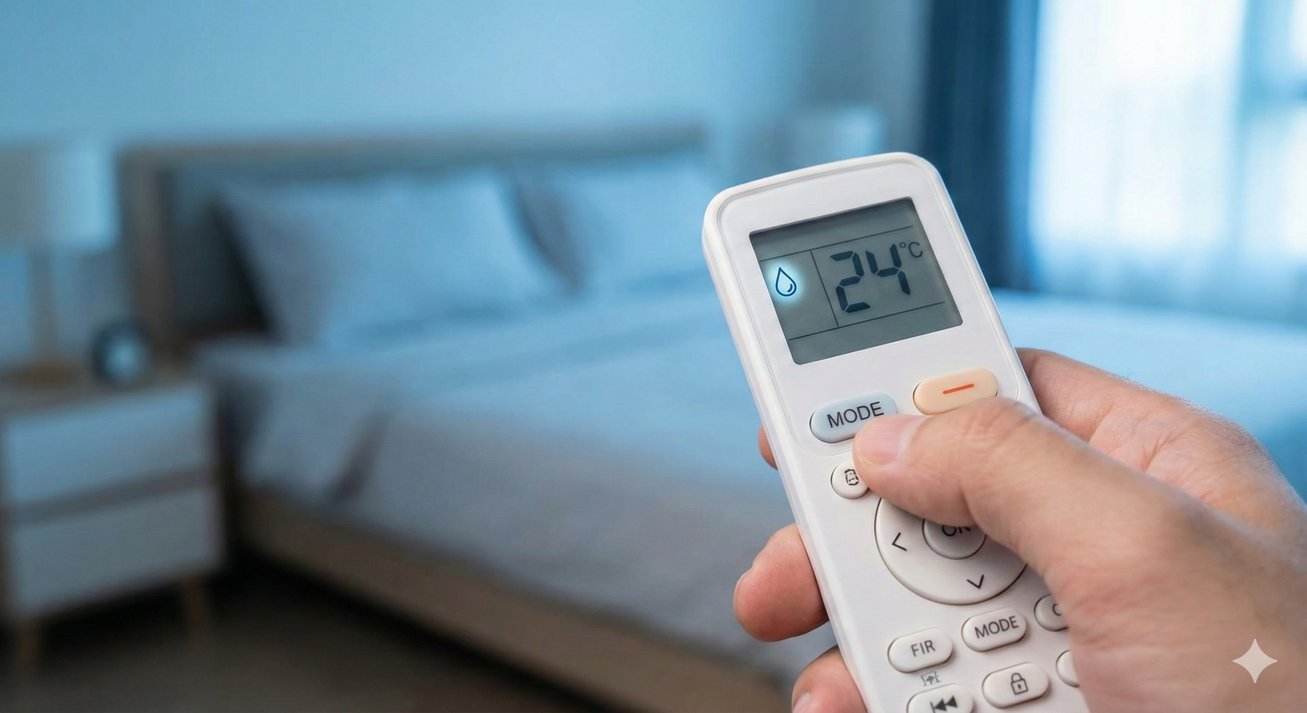 Close-up de mão ajustando controle remoto de ar-condicionado para 24°C e modo desumidificar (ícone de gota), em um quarto com luz azul suave ao fundo.