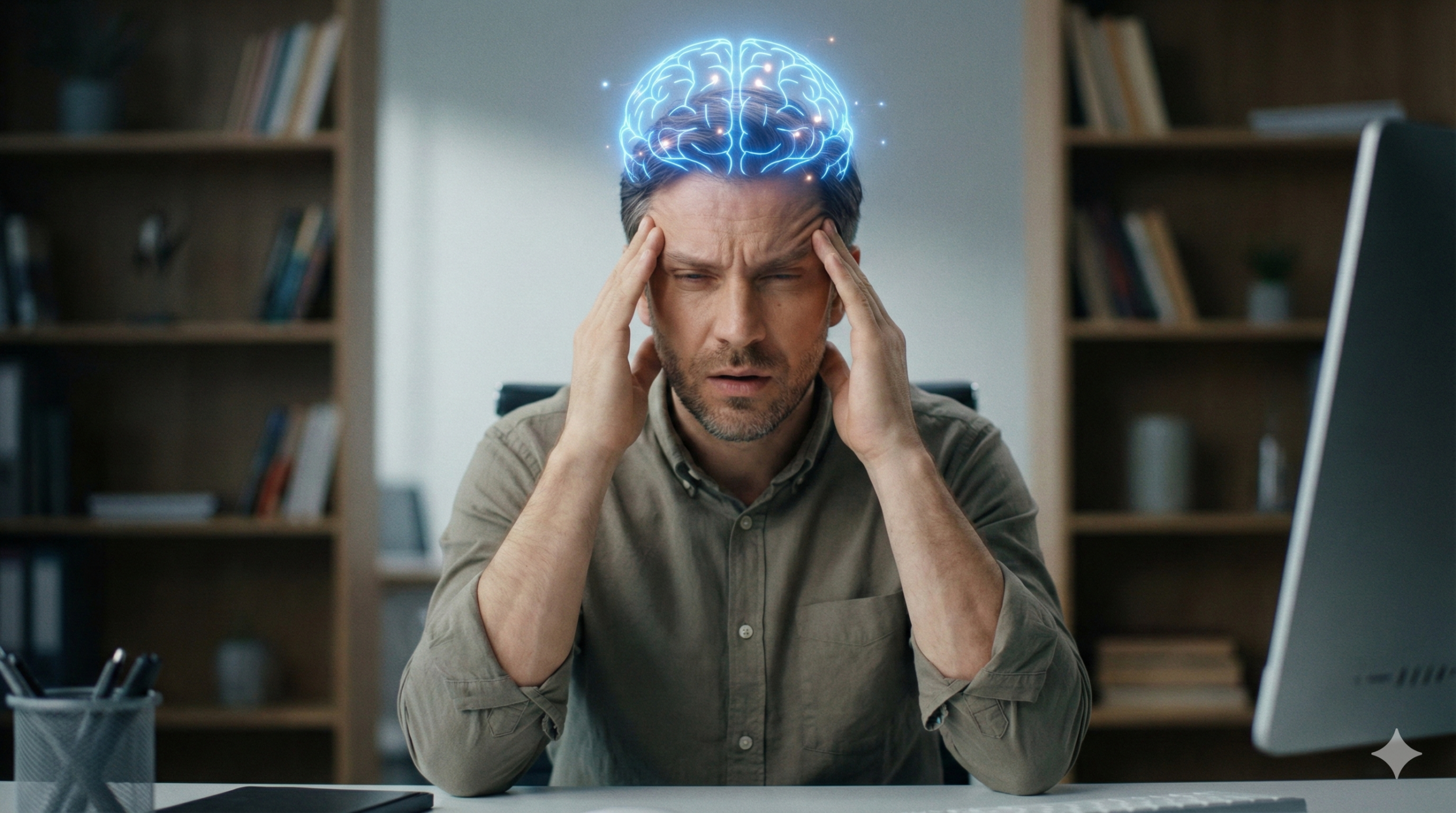 Homem de meia-idade em um escritório, com expressão de dor e confusão, segurando as têmporas. Um holograma azul de um cérebro com falhas nas conexões flutua acima de sua cabeça, ilustrando fadiga mental ou "brain fog".
