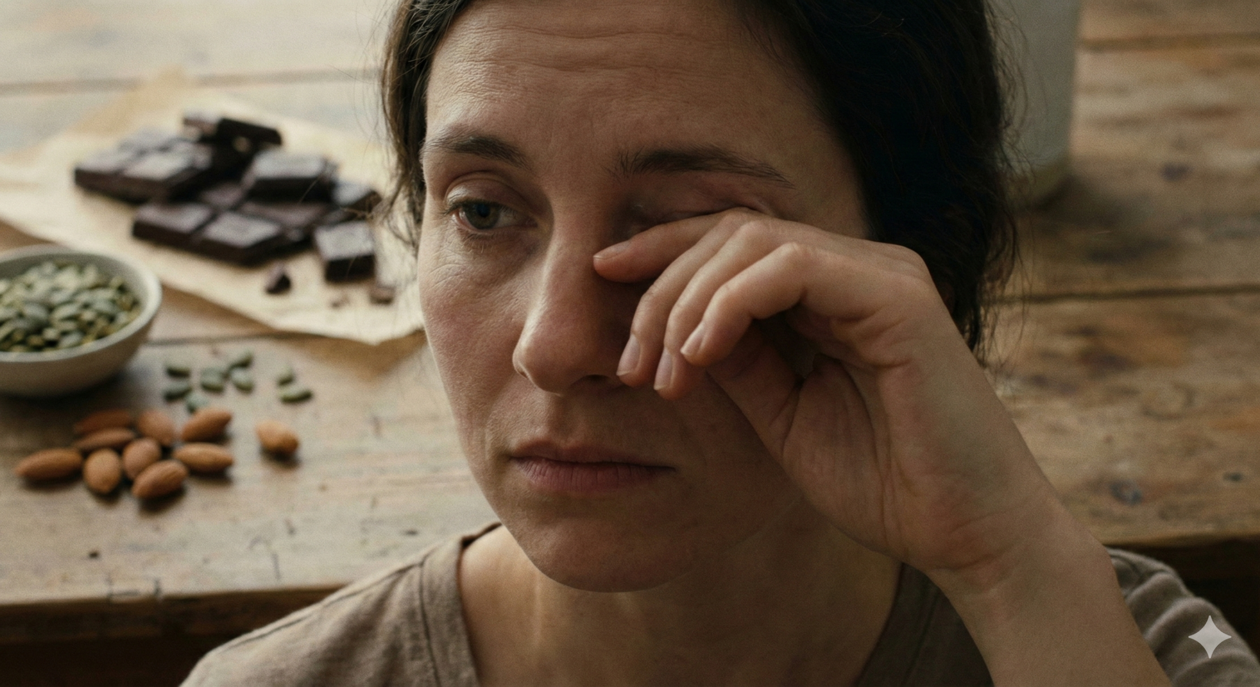 Fotografia cinematográfica de uma mulher cansada esfregando o olho, indicando desconforto. Ao fundo, sobre uma mesa de madeira, estão chocolate amargo, sementes de abóbora e amêndoas (fontes de magnésio).