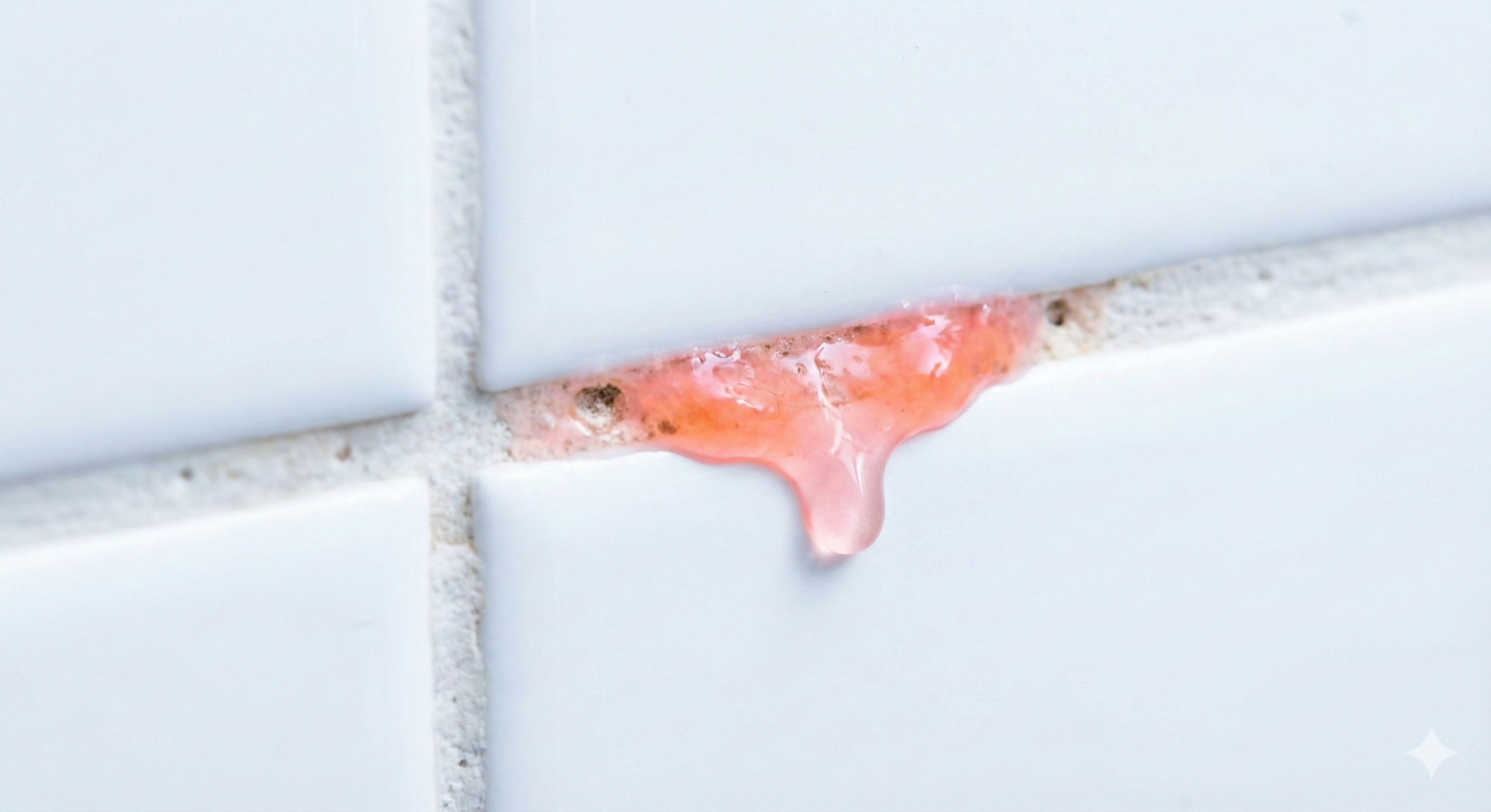 Close-up macro mostrando uma substância viscosa rosa-alaranjada (biofilme da bactéria Serratia marcescens) escorrendo do rejunte entre azulejos brancos de banheiro.
