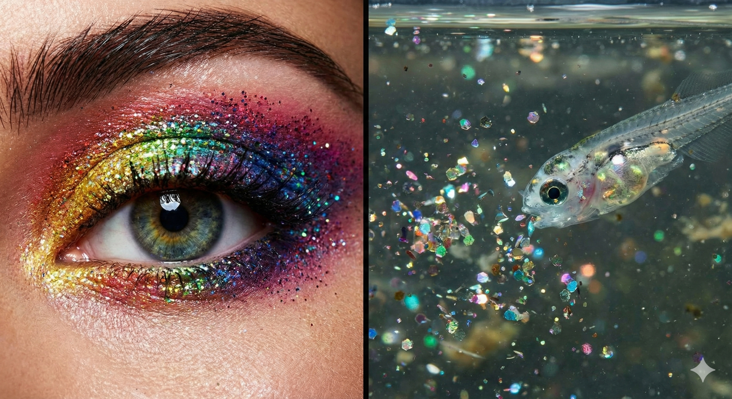 Imagem conceitual dividida. Esquerda: Close de olho com maquiagem de glitter colorido brilhante. Direita: Pequeno peixe em água turva ingerindo partículas de glitter coloridas, simbolizando poluição por microplásticos.