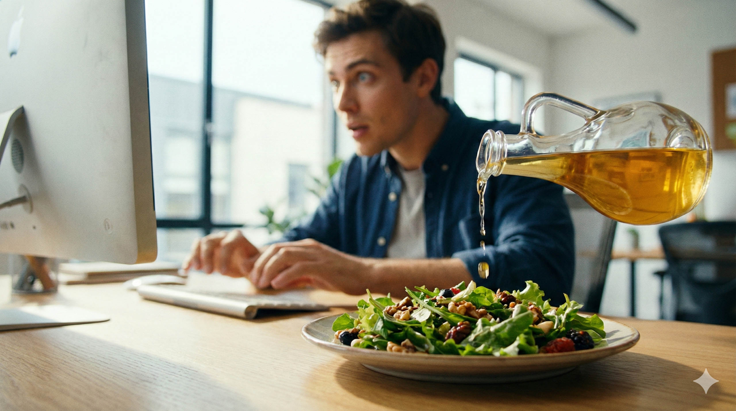Homem jovem com expressão de energia e foco trabalhando no computador em um escritório ensolarado. Em primeiro plano, vinagre de maçã sendo derramado sobre uma salada fresca.