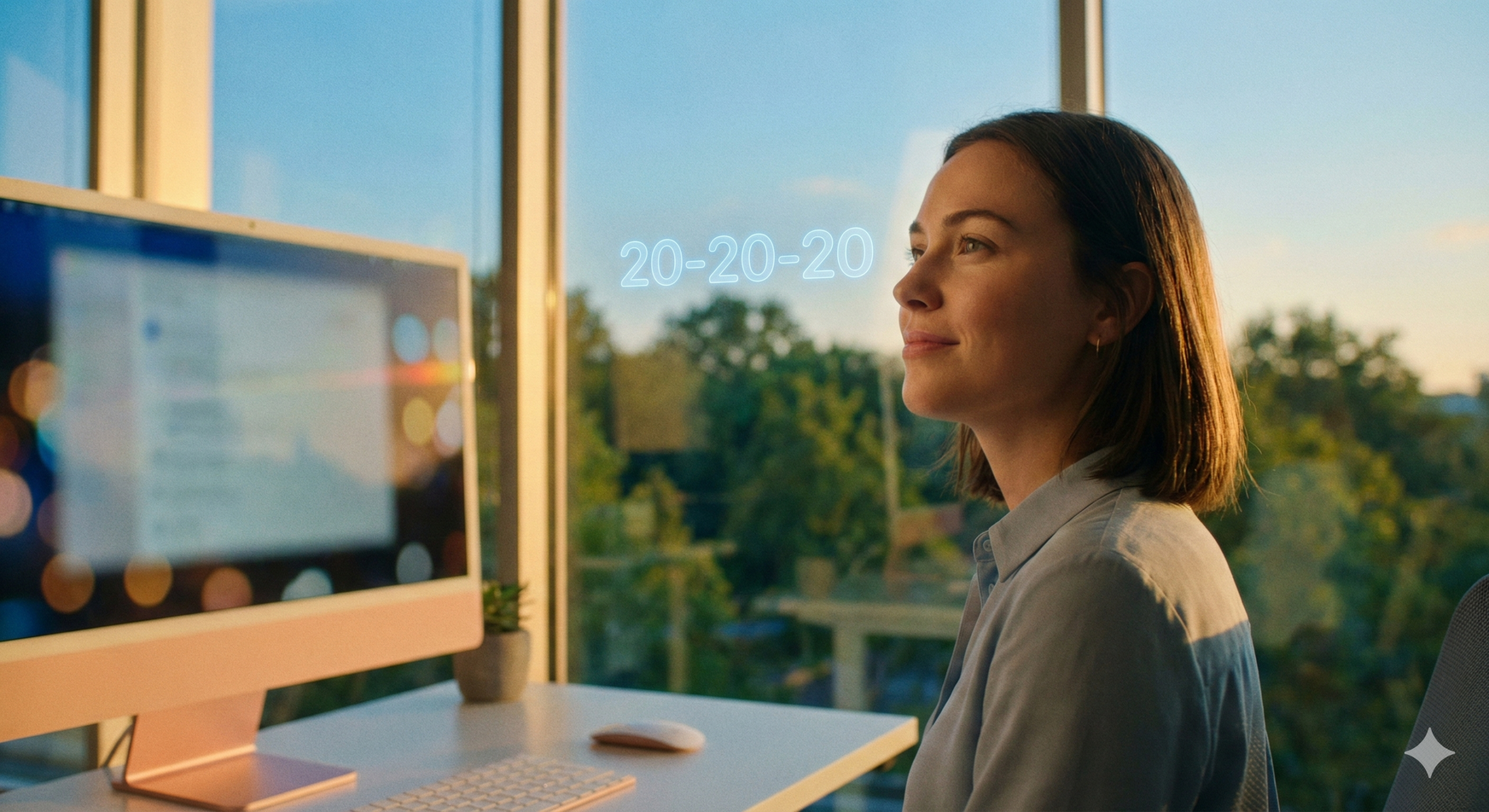 Mulher em escritório desviando o olhar do computador para a janela. Um gráfico sutil com o texto "20-20-20" flutua no ar, ilustrando a técnica de prevenção contra a fadiga ocular.