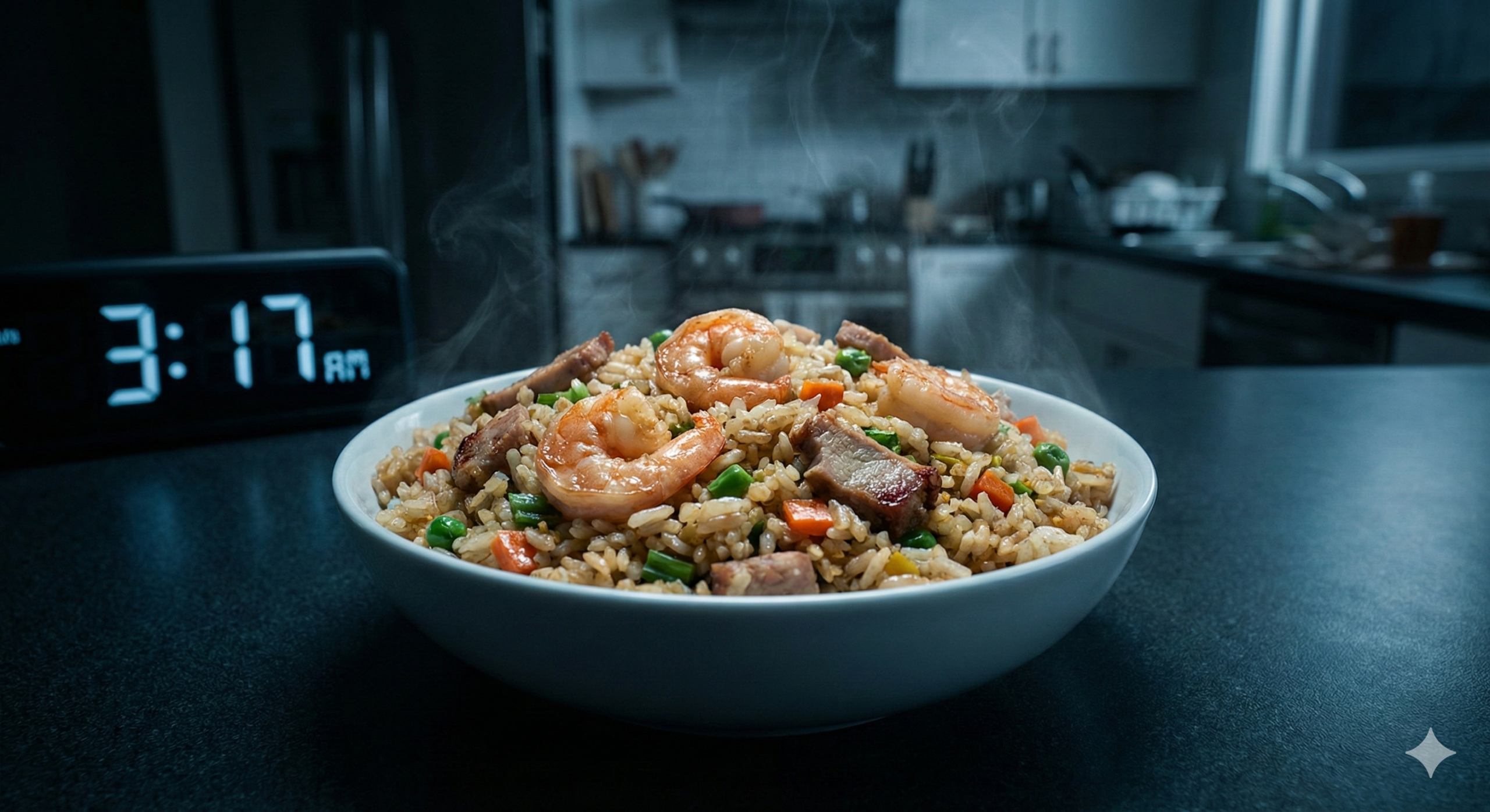 Tigela de arroz frito com camarão e carne fumegando sobre balcão de cozinha escura. Um relógio digital ao fundo marca 3:17 AM, indicando que a comida foi deixada fora da geladeira durante a madrugada.