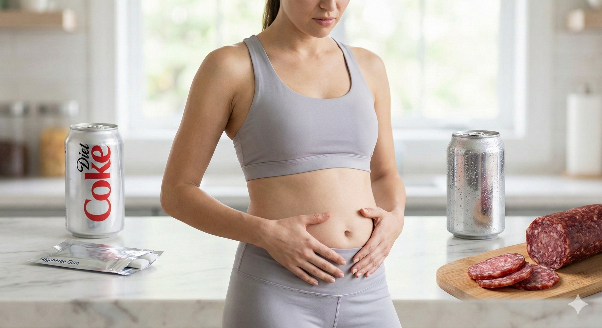 Mulher com expressão de desconforto abdominal em uma cozinha, segurando a barriga. Na bancada de mármore à sua frente, há uma lata de refrigerante diet, chicletes sem açúcar e salame fatiado. Fotografia estilo revista de saúde.