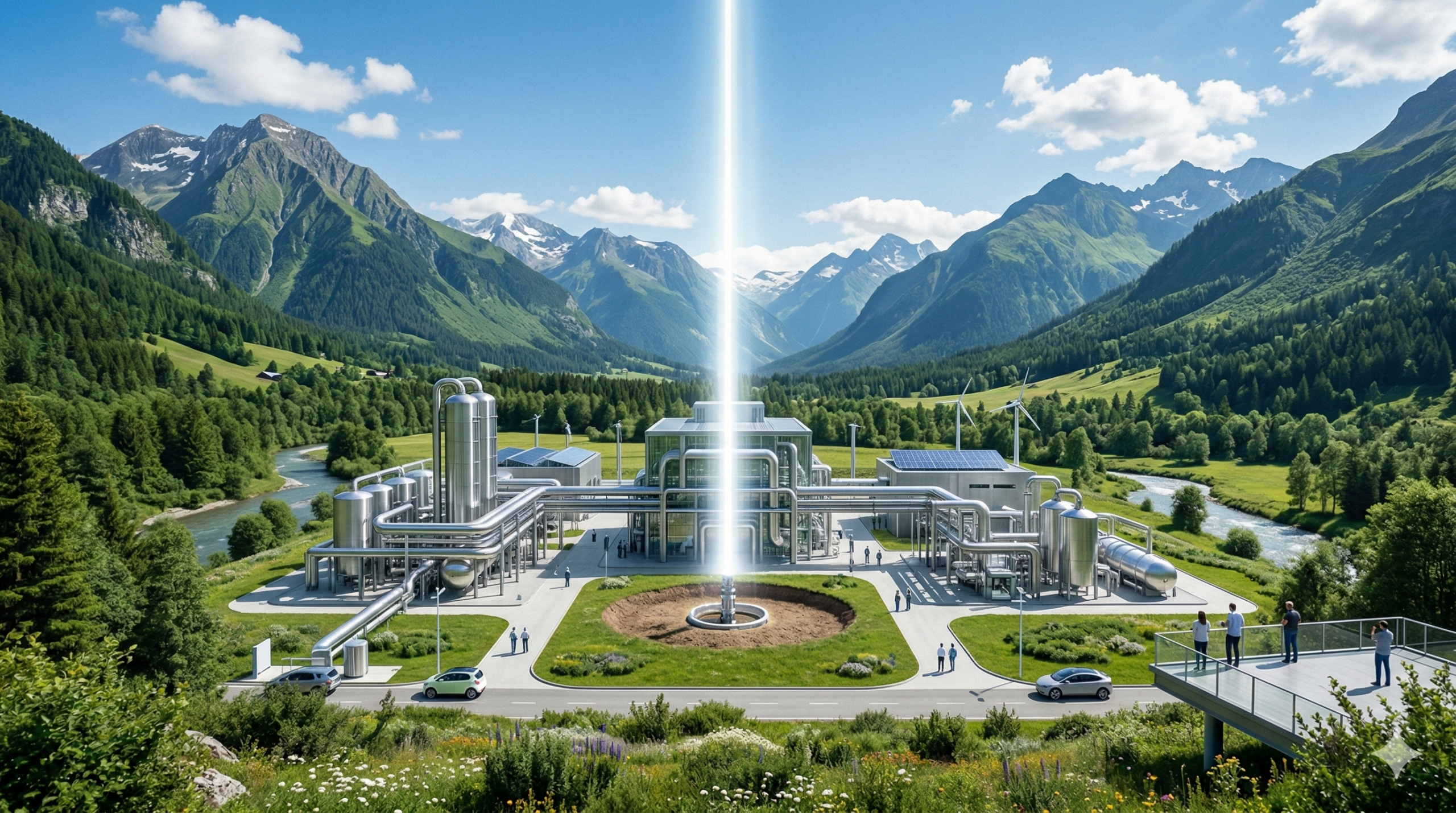 Vista panorâmica de uma instalação industrial moderna e limpa de metal e aço em um vale verdejante entre montanhas, sob céu azul. Um feixe vertical de luz branca brilhante emerge do solo no centro da estrutura, representando a extração de hidrogênio. Árvores, um rio e pequenas figuras humanas cercam a instalação.