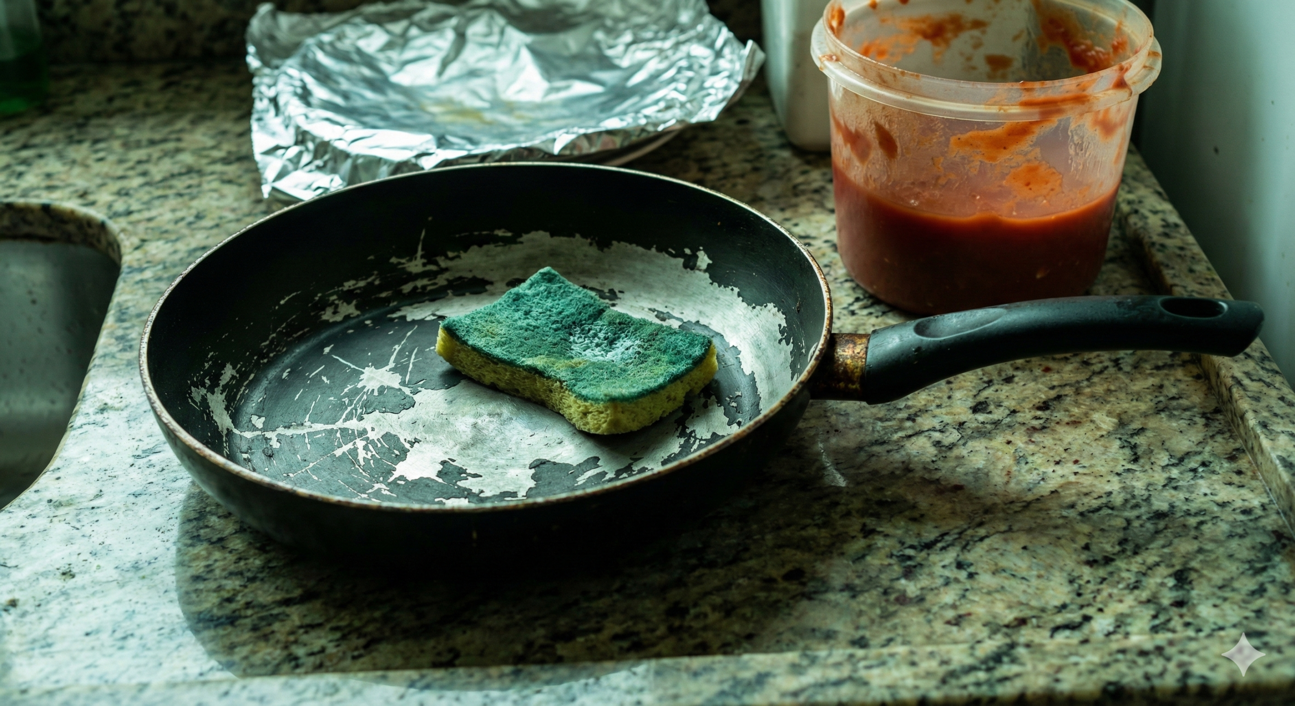 Frigideira antiaderente velha e riscada com uma esponja gasta dentro, sobre uma pia de granito. Ao fundo, um pote manchado e papel alumínio, sob luz fria que sugere falta de higiene.