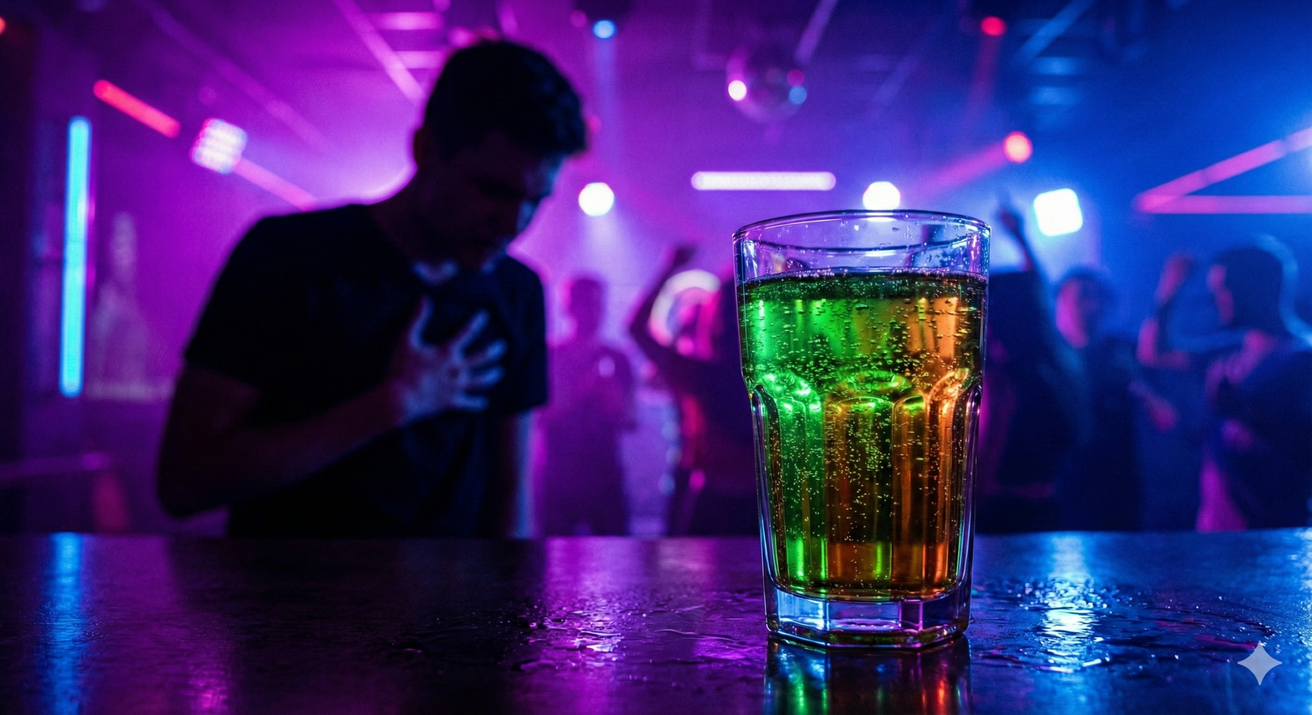 Copo com bebida verde efervescente em balcão de balada sob luz neon roxa e azul. Ao fundo, silhueta de jovem desfocado com a mão no peito sentindo dor.