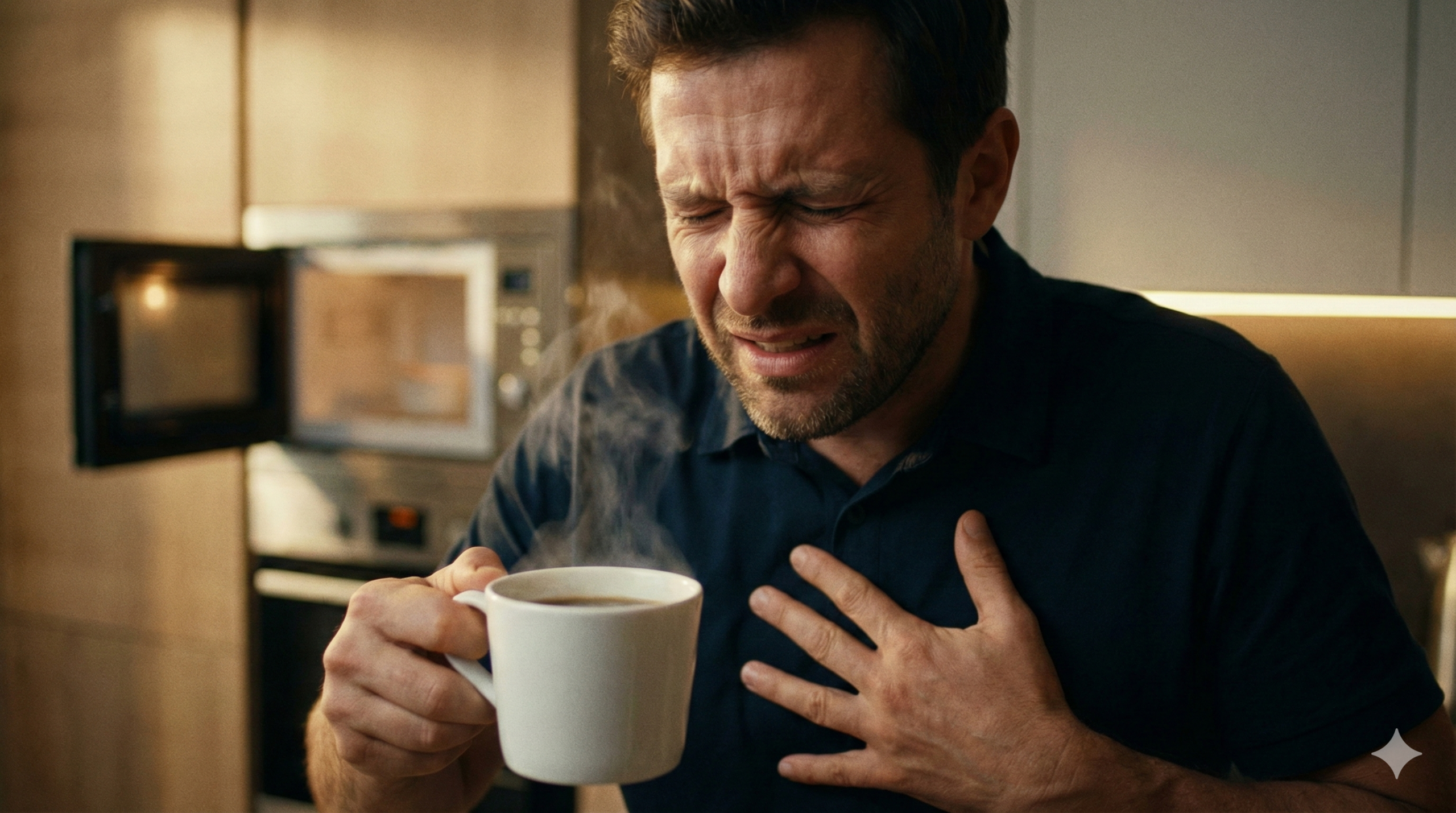 Homem de meia-idade em uma cozinha moderna, com expressão facial de dor intensa, segurando uma caneca fumegante com uma mão e pressionando o centro do peito com a outra, indicando azia ou refluxo.