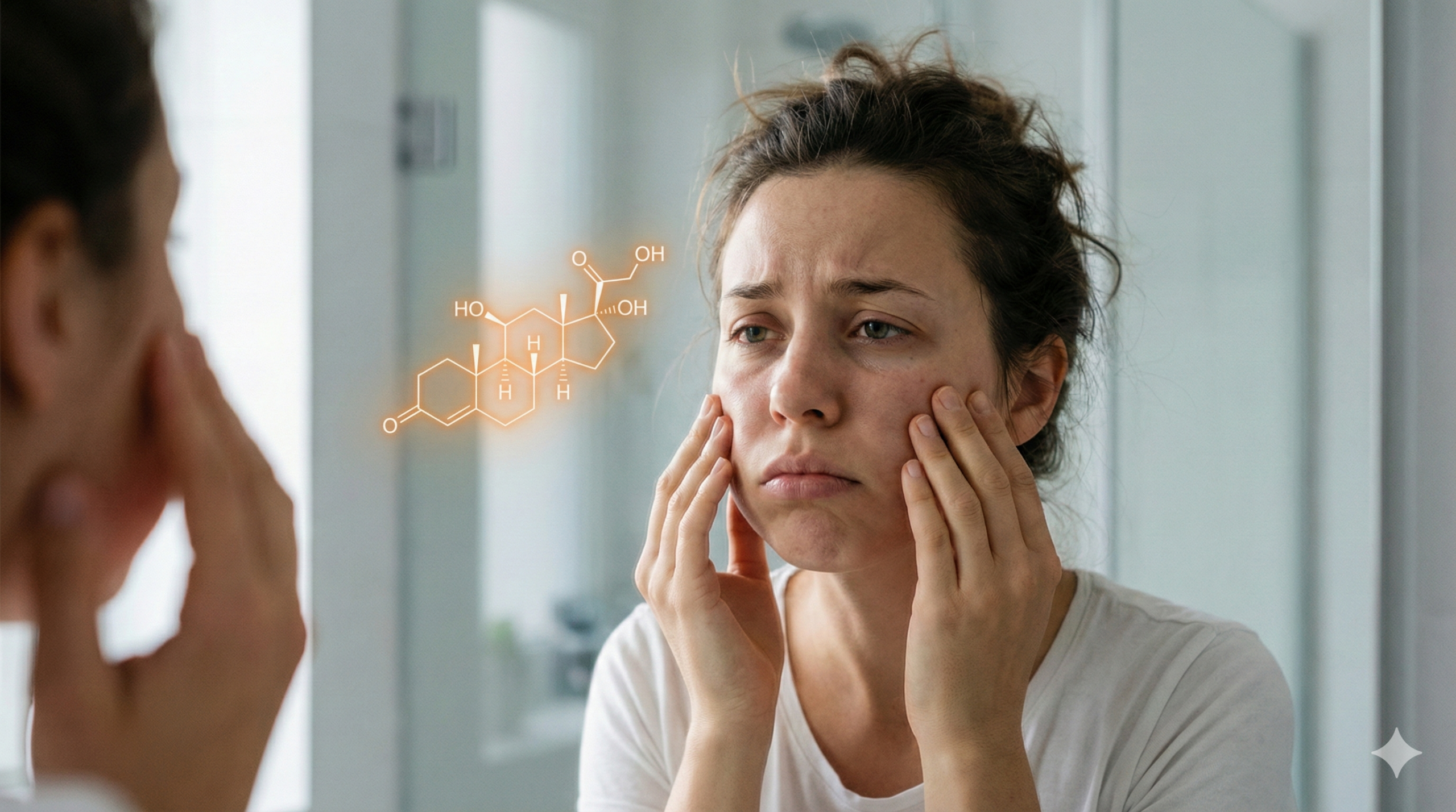 Close de uma mulher exausta no banheiro, olhando no espelho e tocando as bochechas inchadas com expressão de frustração. Uma representação gráfica laranja e brilhante da molécula de cortisol flutua ao lado do seu rosto.