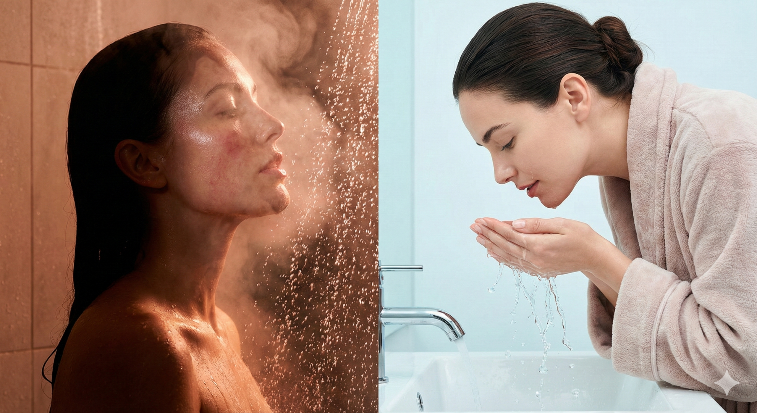 Imagem de beleza dividida. Esquerda: Mulher no chuveiro quente com rosto vermelho e oleoso sob vapor. Direita: Mesma mulher na pia jogando água fria no rosto, com pele calma e uniforme.