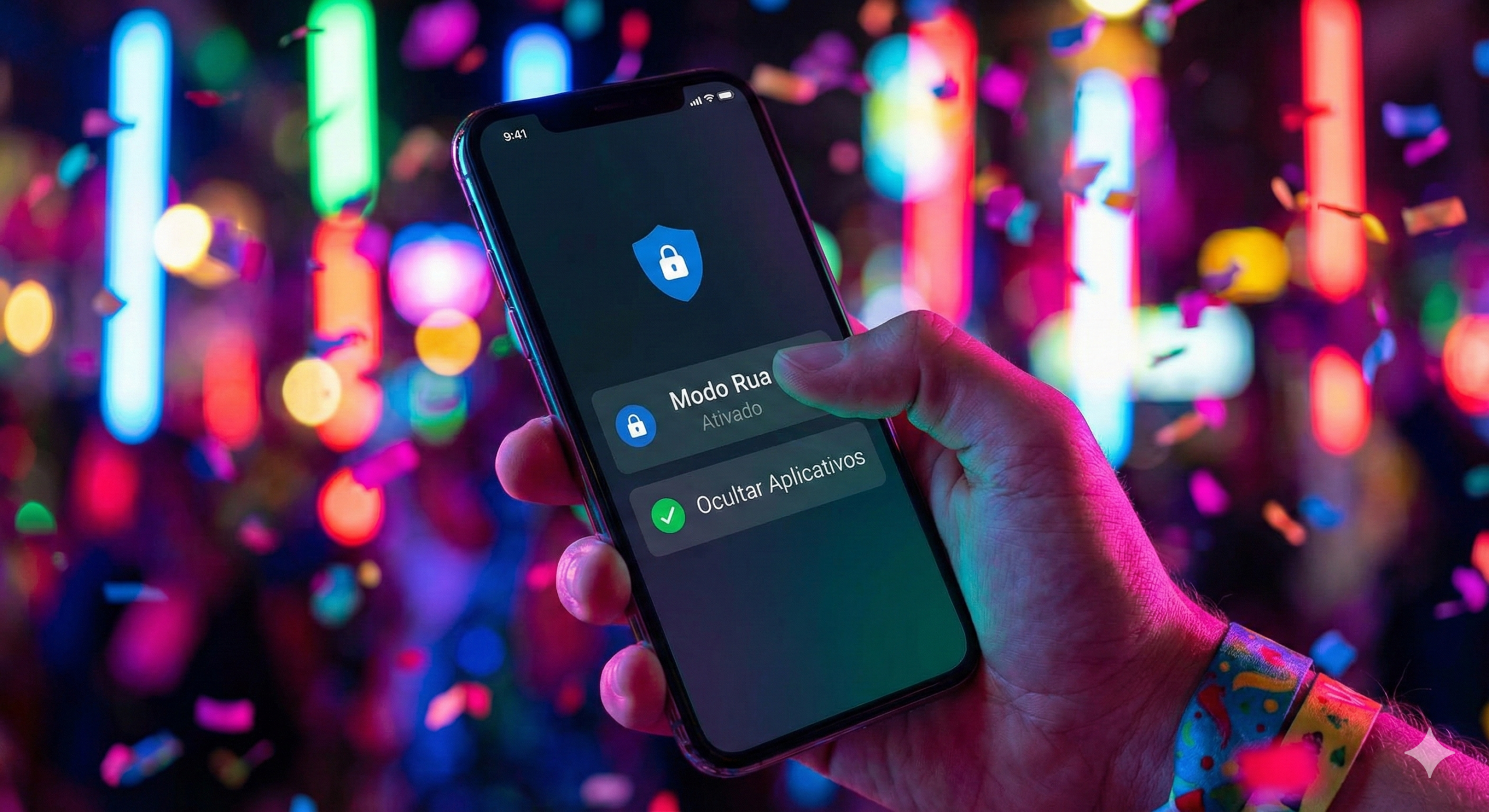 Mão segurando smartphone com tela ativando o "Modo Rua" e "Ocultar Aplicativos", em meio a um fundo de festa com luzes neon e confete.