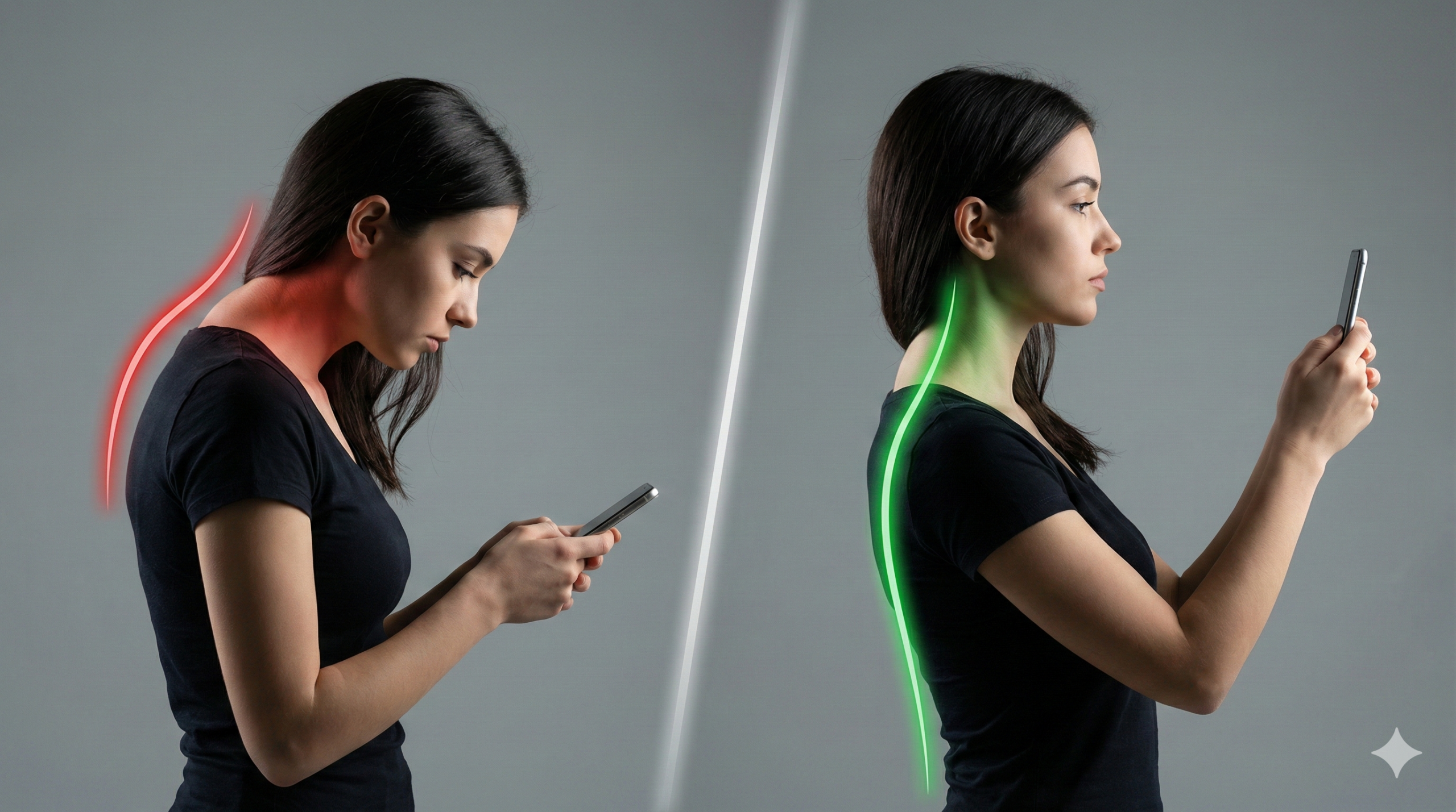 Imagem comparativa dividida. Esquerda: Mulher com postura curvada olhando para o celular, com uma linha vermelha brilhante no pescoço indicando tensão. Direita: Mesma mulher com postura ereta, segurando o celular na altura dos olhos, com uma linha verde brilhante no pescoço indicando alinhamento correto.