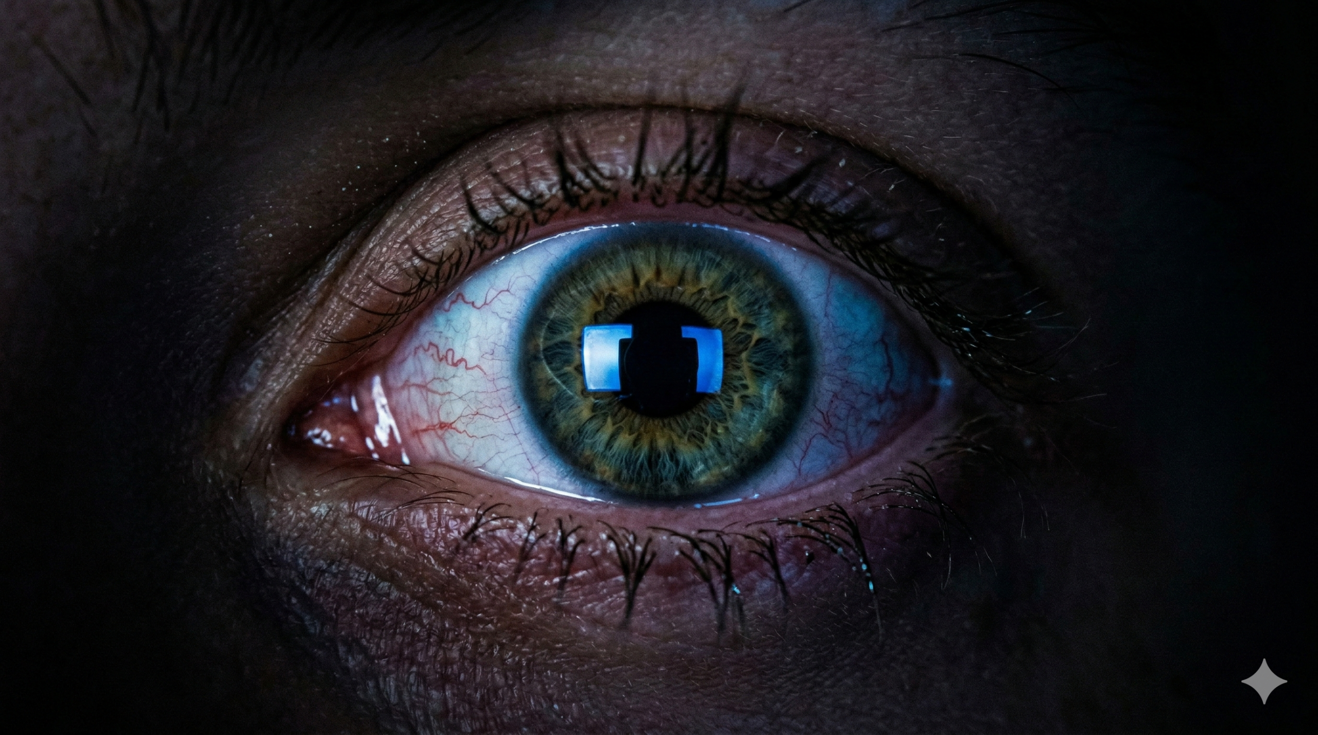Macro fotografia de um olho humano verde-esverdeado e castanho, bem aberto e irritado, olhando para a frente na escuridão, com a pupila dilatada refletindo um pequeno quadrado azul brilhante de uma tela de smartphone.