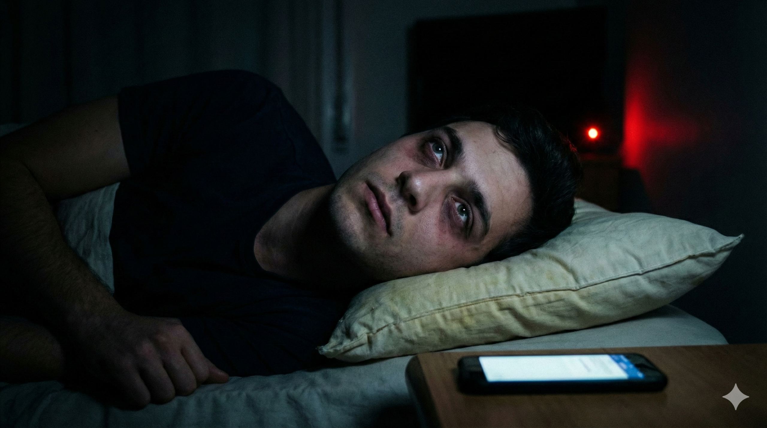 Homem jovem com olheiras, deitado acordado na cama em um quarto escuro, com o rosto iluminado pelo brilho da tela de um celular sobre o criado-mudo. Uma luz vermelha de TV é visível ao fundo.