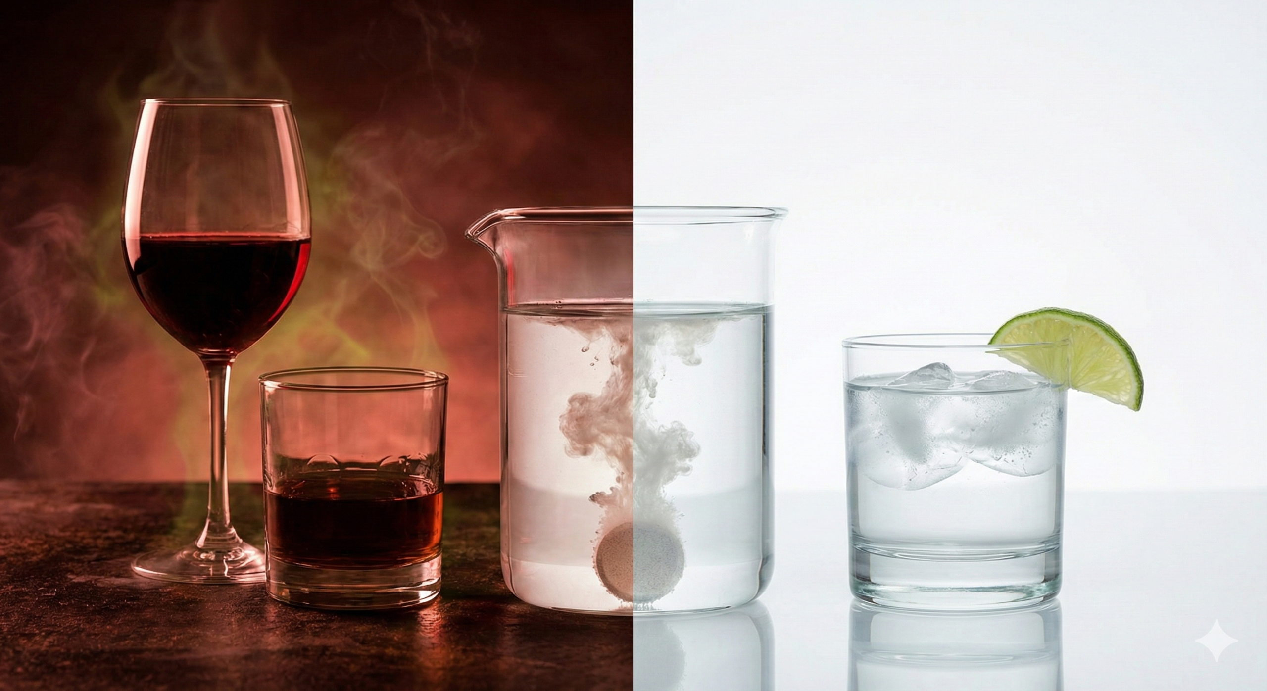 Imagem conceitual dividida. Esquerda: taça de vinho e copo de uísque sob luz vermelha e fumaça tóxica. Direita: copo de vodka com gelo e limão sob luz branca e limpa. Centro: pílula efervescente se dissolvendo em um béquer de água, sem efeito aparente.