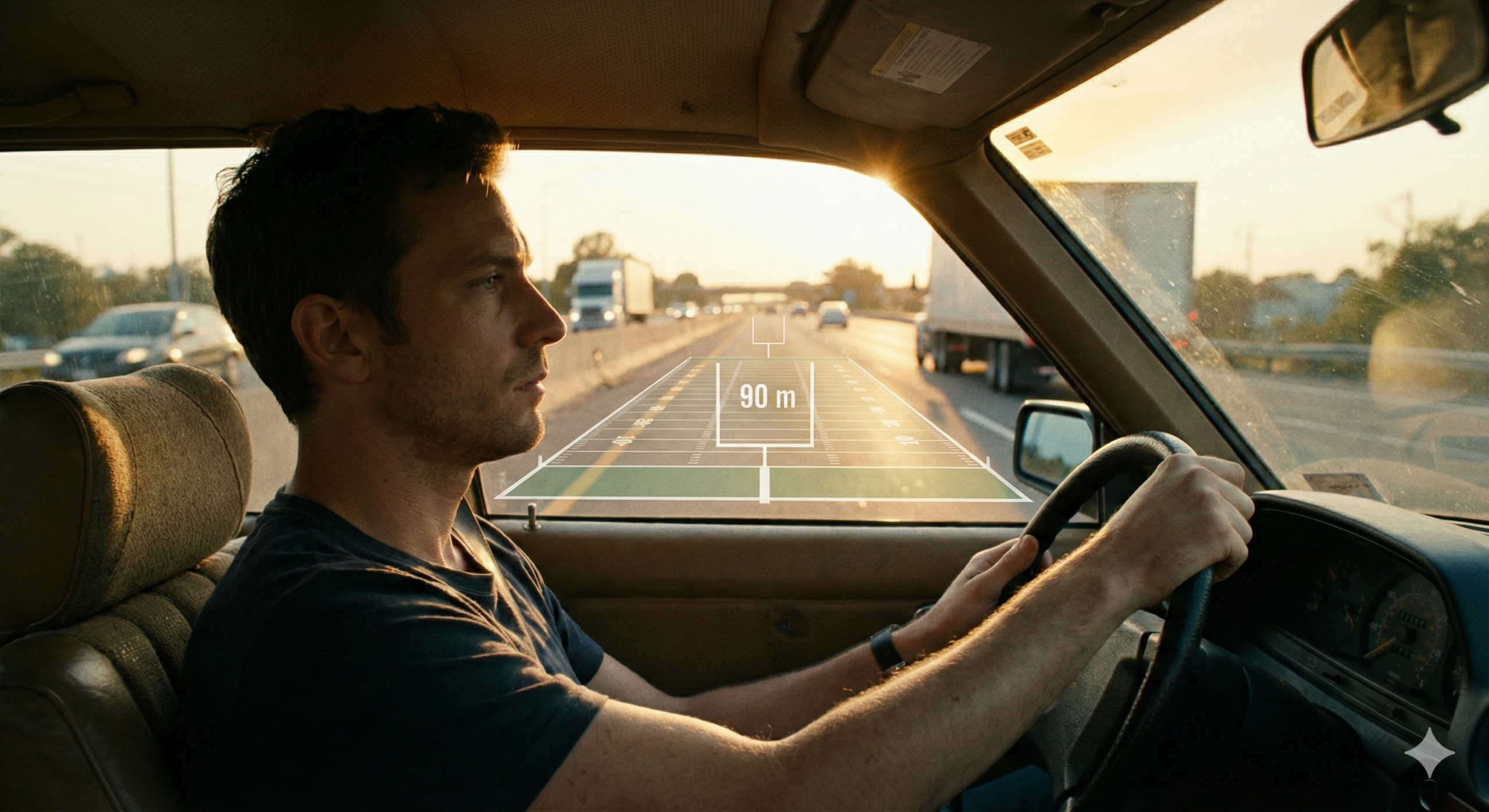 Vista do passageiro de um motorista com olhar vago ("zombie look") na estrada ao pôr do sol. Um gráfico translúcido de um campo de futebol de 90 metros está projetado sobre o asfalto à frente dele.