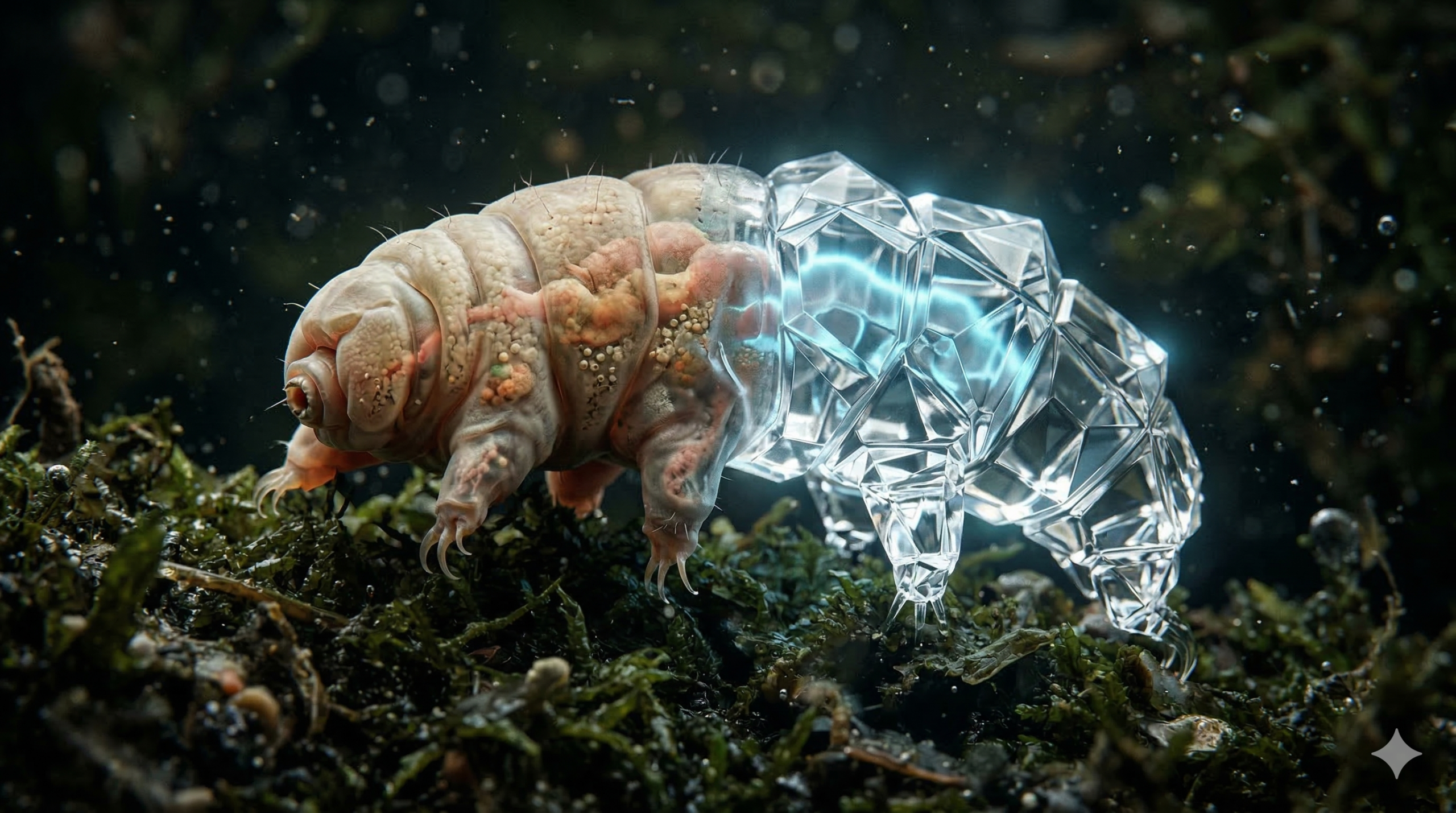 A macro photography of a tardigrade (water bear) in a detailed microscopic environment. Half of its biological body on the left is translucent and organic, while the other half on the right is transforming into clear, faceted, geometric bioglass. A soft, neon blue internal light glows within the bioglass structure, contrasting with the dark textured moss background. The tardigrade has eight articulated legs. Proporção 16:9.