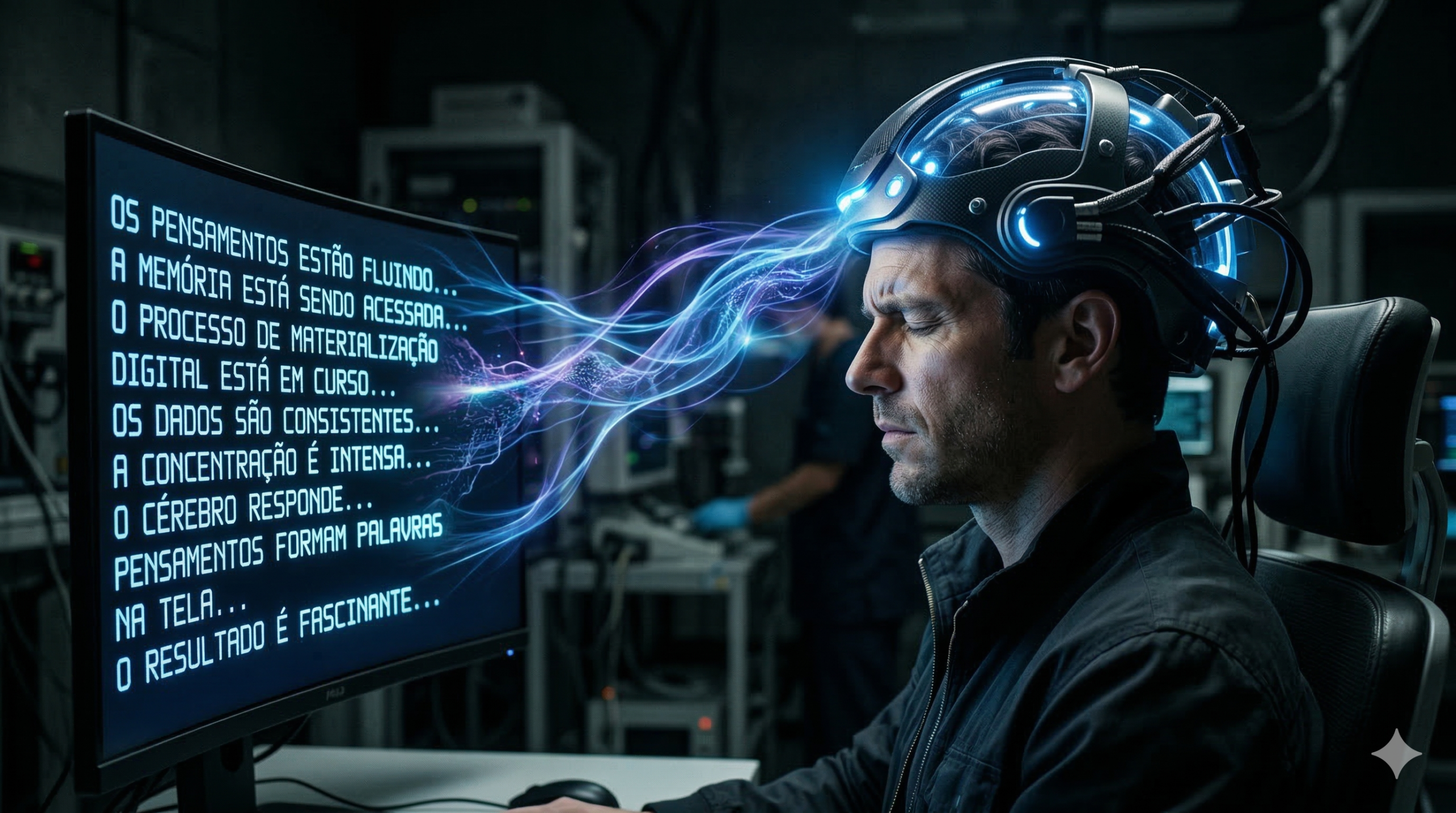Fotografia cinematográfica em plano médio de perfil de um homem com olhos fechados e expressão concentrada, usando um capacete futurista de neuroimagem que brilha em azul. Ondas etéreas de luz azul fluem da cabeça dele para um monitor de computador no primeiro plano. O monitor exibe o texto materializando-se: "OS PENSAMENTOS ESTÃO FLUINDO... A MEMÓRIA ESTÁ SENDO ACESSADA... O PROCESSO DE MATERIALIZAÇÃO DIGITAL ESTÁ EM CURSO... OS DADOS SÃO CONSISTENTES... A CONCENTRAÇÃO É INTENSA... O CÉREBRO RESPONDE... PENSAMENTOS FORMAM PALAVRAS NA TELA... O RESULTADO É FASCINANTE...". O fundo é um laboratório escuro e tecnológico desfocado.