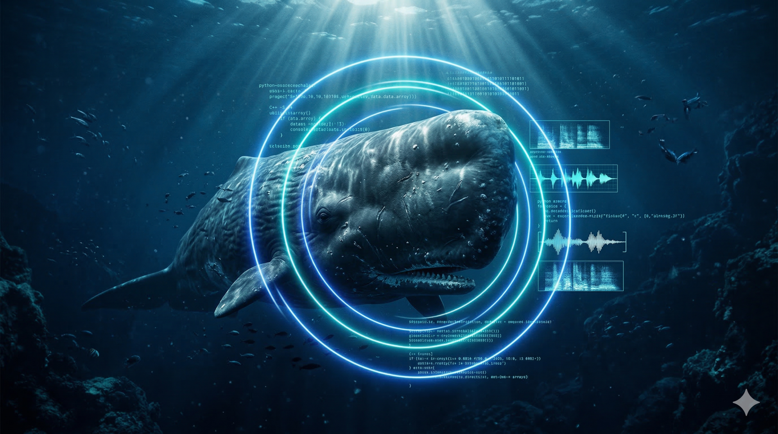 Fotomontagem subaquática fotorrealista de uma baleia cachalote nadando em direção à câmera em águas azuis profundas com raios de sol penetrantes. Ao redor da cabeça da baleia, há anéis concêntricos azuis de luz neon e sobrepostos estão linhas de código digital e espectrogramas de áudio de alta tecnologia, simbolizando a decodificação de som por Inteligência Artificial.