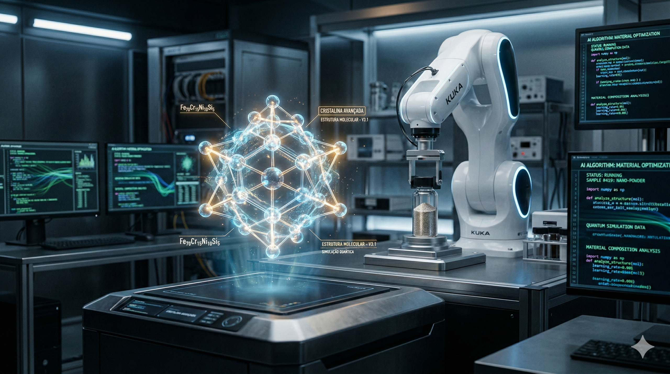 Imagem fotorrealista em plano médio de um laboratório futurista automatizado. No centro, flutua um modelo holográfico brilhante de uma estrutura molecular cristalina com texto em português (ex: "CRISTALINA AVANÇADA"). À direita, um braço robótico branco com a marca KUKA manipula um frasco de pó metálico. Ao fundo, telas de computador mostram códigos de IA e dados de otimização de materiais. Não há humanos na cena.