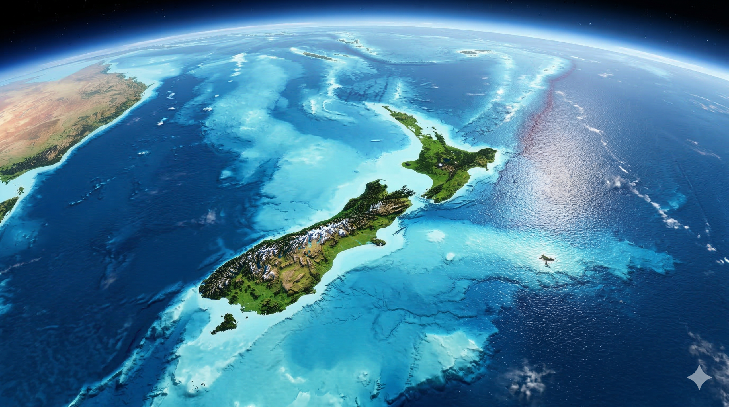 Uma vista aérea de alta altitude de satélite da Terra mostrando a curvatura do planeta no horizonte com a atmosfera azul e o espaço escuro. No centro, as ilhas verdes da Nova Zelândia com picos nevados na Ilha do Sul são visíveis no Oceano Pacífico azul profundo. Vastas áreas de águas turquesa rasas circundam as ilhas, revelando a forma submersa do continente Zealandia, com cadeias de montanhas submarinas e planaltos subaquáticos claramente delineados abaixo da superfície translúcida. A luz do sol brilha na água.