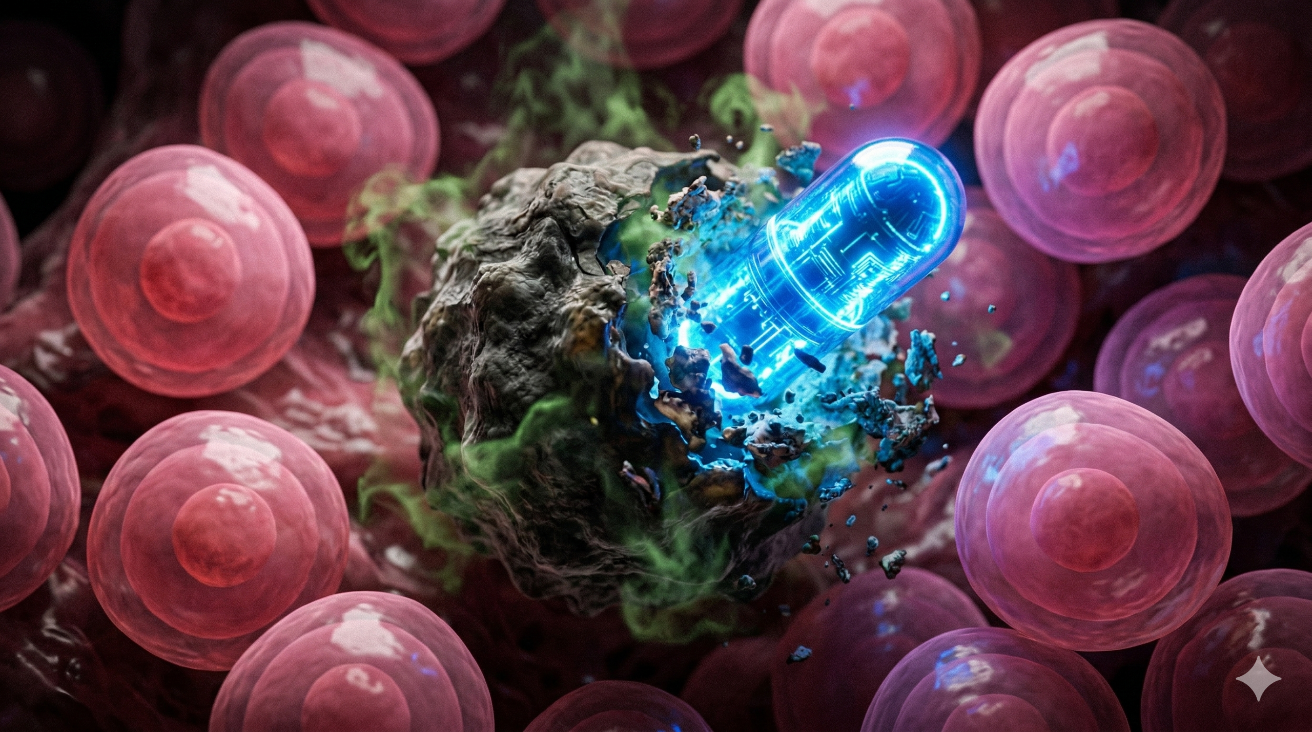 Fotografia microscópica mostrando uma cápsula medicinal futurista brilhante (luz azul) desintegrando uma célula doente e murcha (cor escura). Ao redor, várias células saudáveis (cor rosa) permanecem intactas e seguras. Fumaça verde emana da célula que está sendo destruída.