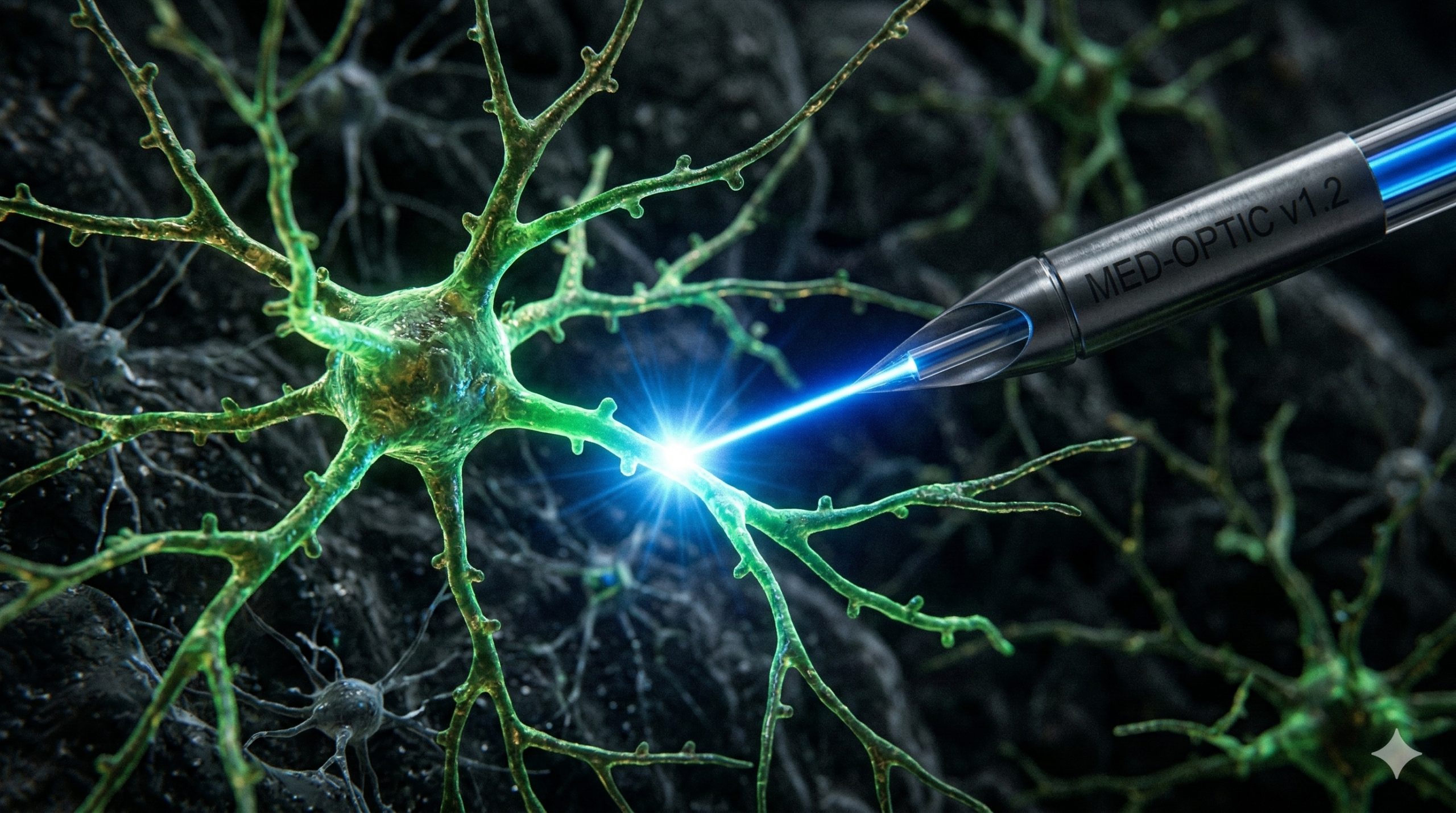 Close microscópico de um neurônio biológico verde sendo atingido por um feixe de laser azul intenso disparado por uma sonda microcirúrgica de alta tecnologia com a inscrição "MED-OPTIC v1.2" contra um fundo escuro de tecido cerebral.