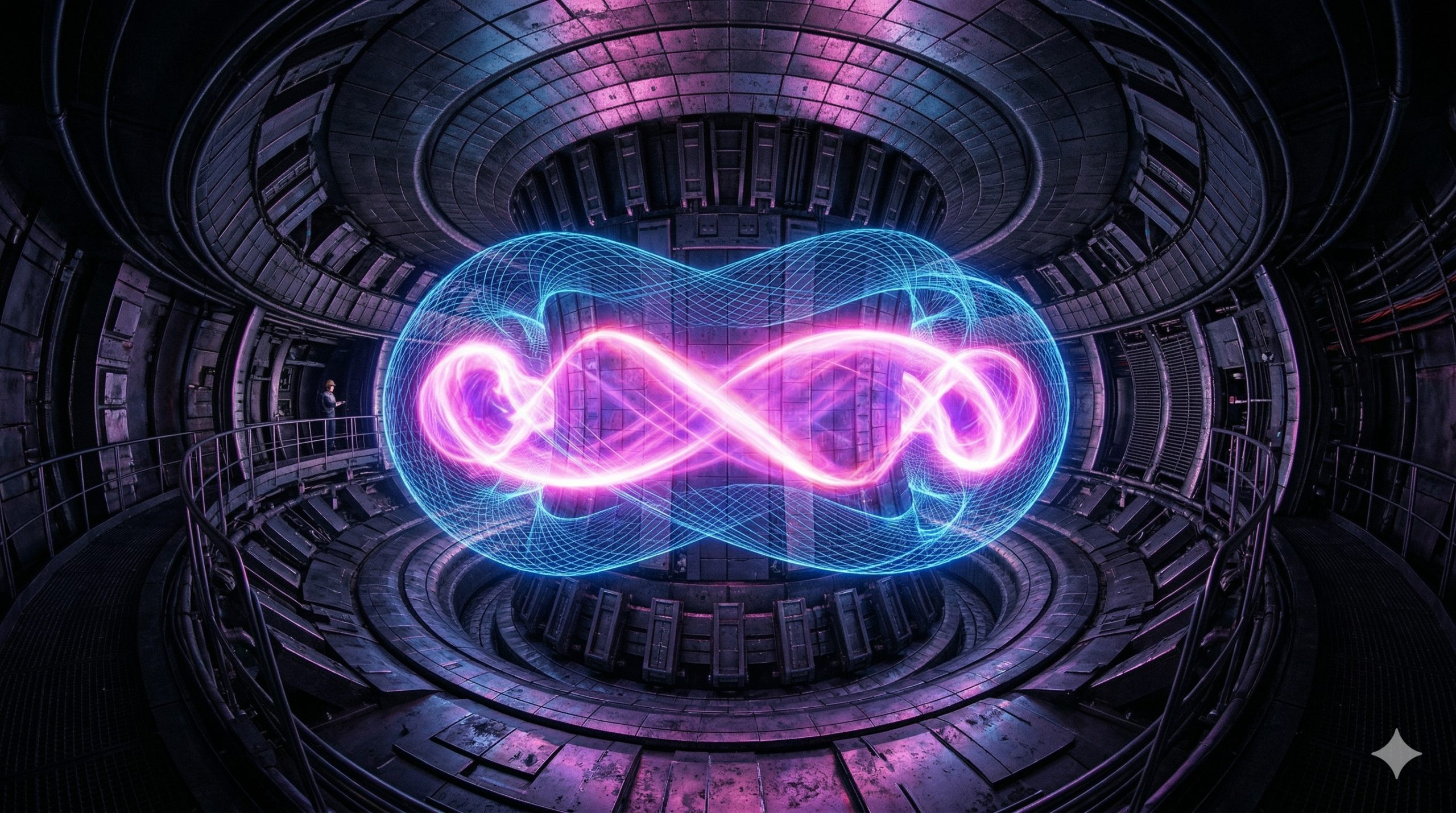 A vista interior ampla e circular de um reator de fusão nuclear Tokamak. No centro, um anel contínuo e flutuante de plasma rosa-arroxeado brilhante levita no vácuo, contornado por linhas gráficas azuis neon que indicam o controle magnético por Inteligência Artificial. Paredes metálicas escuras e complexas alinham o túnel circular.