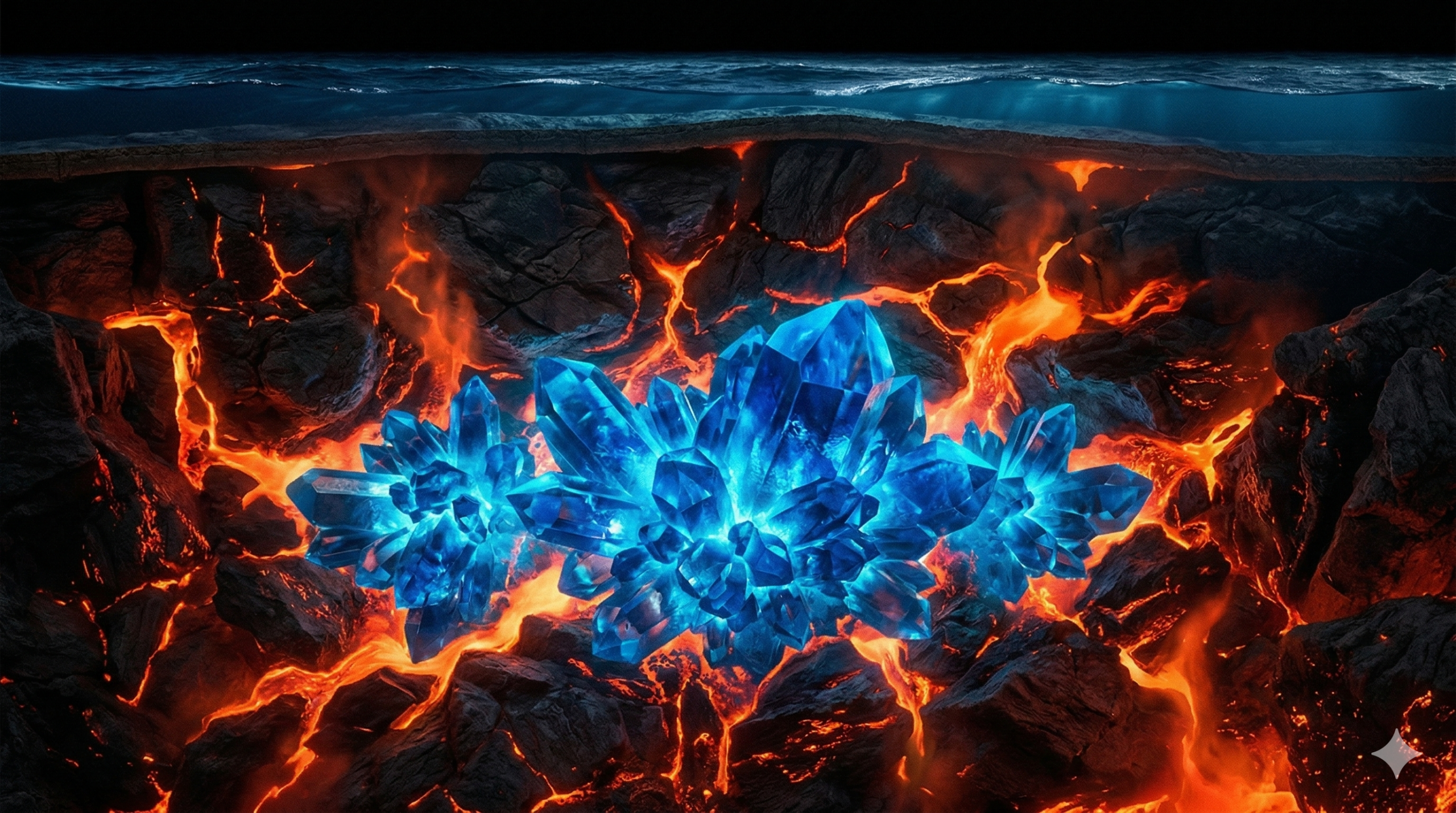 Um corte transversal ilustrativo do interior da Terra, mostrando a superfície do oceano no topo e a crosta abaixo. O manto profundo é rochoso e cheio de fissuras de magma laranja brilhante e quente. No centro do manto, há um grande e radiante aglomerado de cristais de cor azul vibrante, representando o mineral Ringwoodite e a água oculta sob pressão.