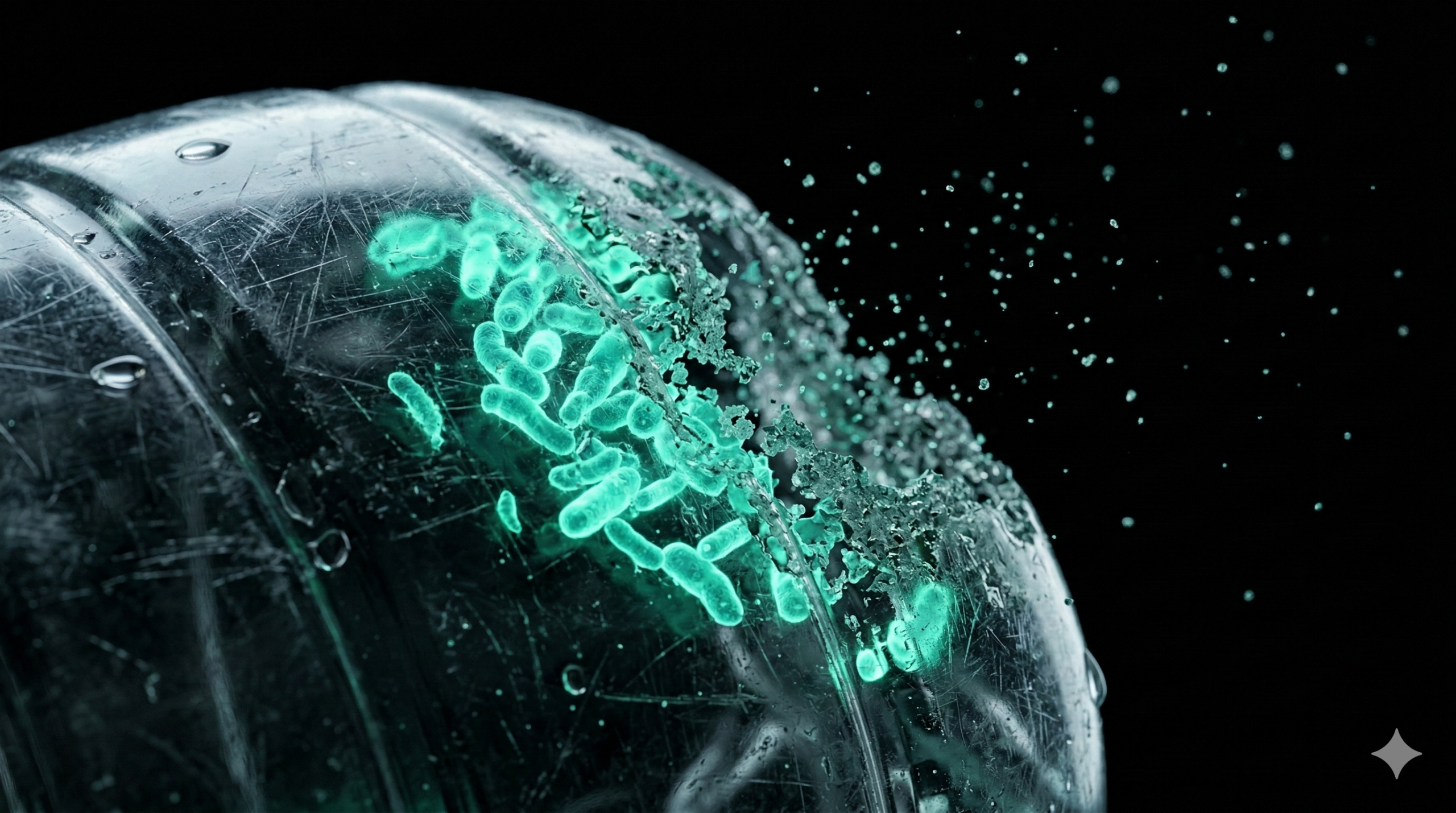 Uma imagem macro fotorrealista mostrando uma colônia bioluminescente verde-água de microorganismos geneticamente modificados sobre a superfície curva e arranhada de uma garrafa plástica PET transparente. As enzimas estão corroendo e dissolvendo o plástico ao redor delas, transformando a superfície sólida em minúsculas partículas translúcidas que flutuam suavemente no fundo completamente escuro.
