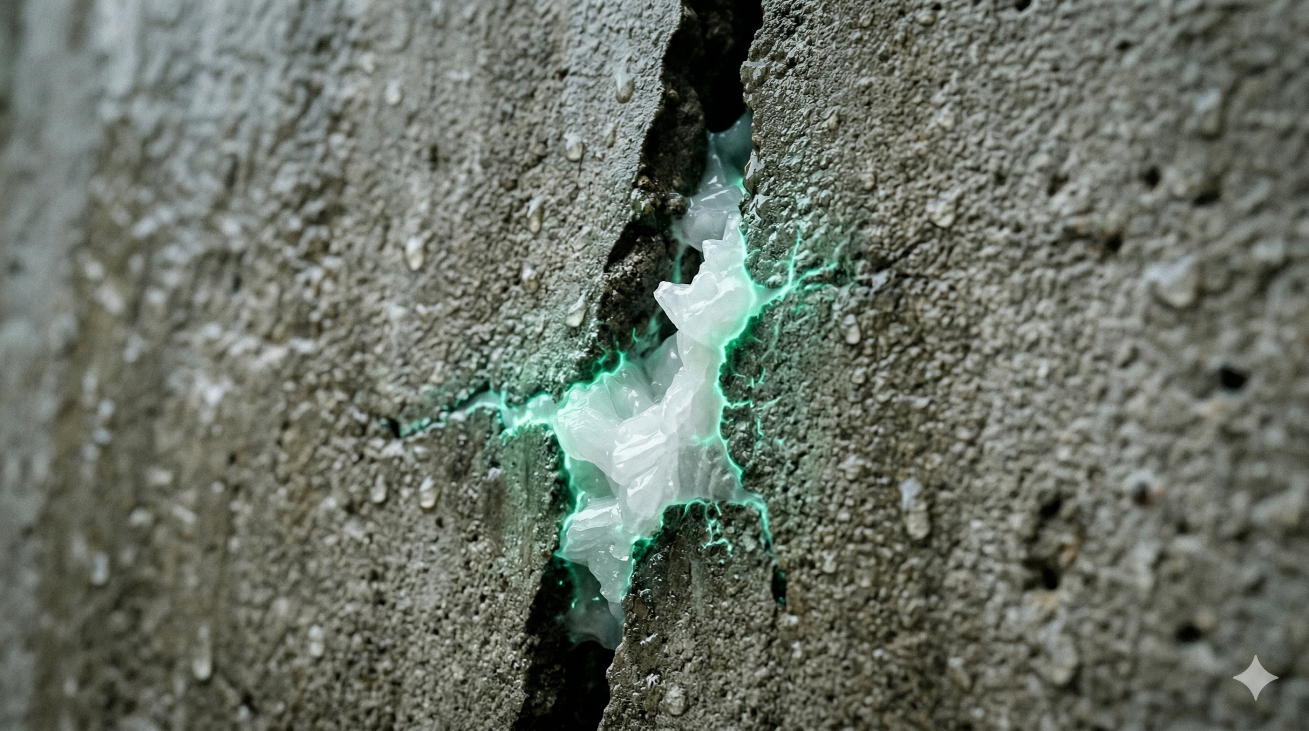 Uma macrofotorrealista e cinematográfica em plano médio de uma parede de concreto cinza e áspera. No centro, uma profunda rachadura vertical é preenchida por cristais brancos e brilhantes de calcário recém-formado. Um brilho bioluminescente verde-água vibrante e tecnológico emana das bordas onde os cristais encontram o concreto, formando uma rede de luz sutil. Gotas de água da chuva são visíveis na superfície do concreto e ao redor da fenda. O contraste de textura é evidente entre o concreto poroso e o calcário liso. A proporção é 16:9.