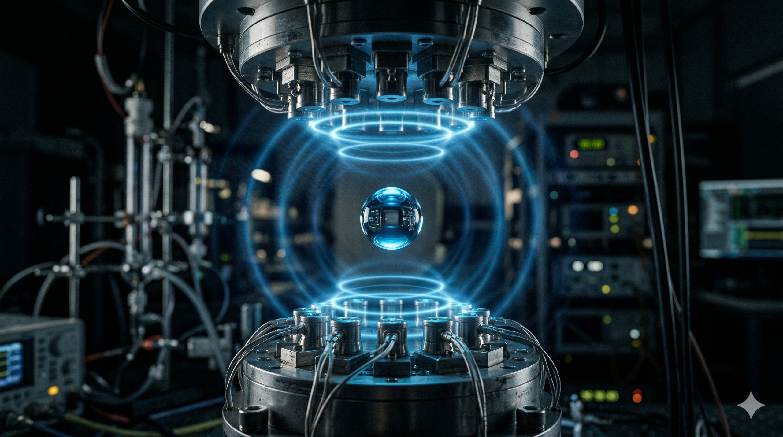 Macrofotografia fotorrealista e cinematográfica de um laboratório de alta tecnologia escuro. No centro, uma gota de água esférica e cristalina levita no ar entre duas matrizes metálicas de emissores ultrassônicos. Anéis brilhantes de luz azul neon representam visualmente as ondas sonoras que seguram a gota. A iluminação dramática destaca os reflexos na água suspensa e os detalhes metálicos dos equipamentos.