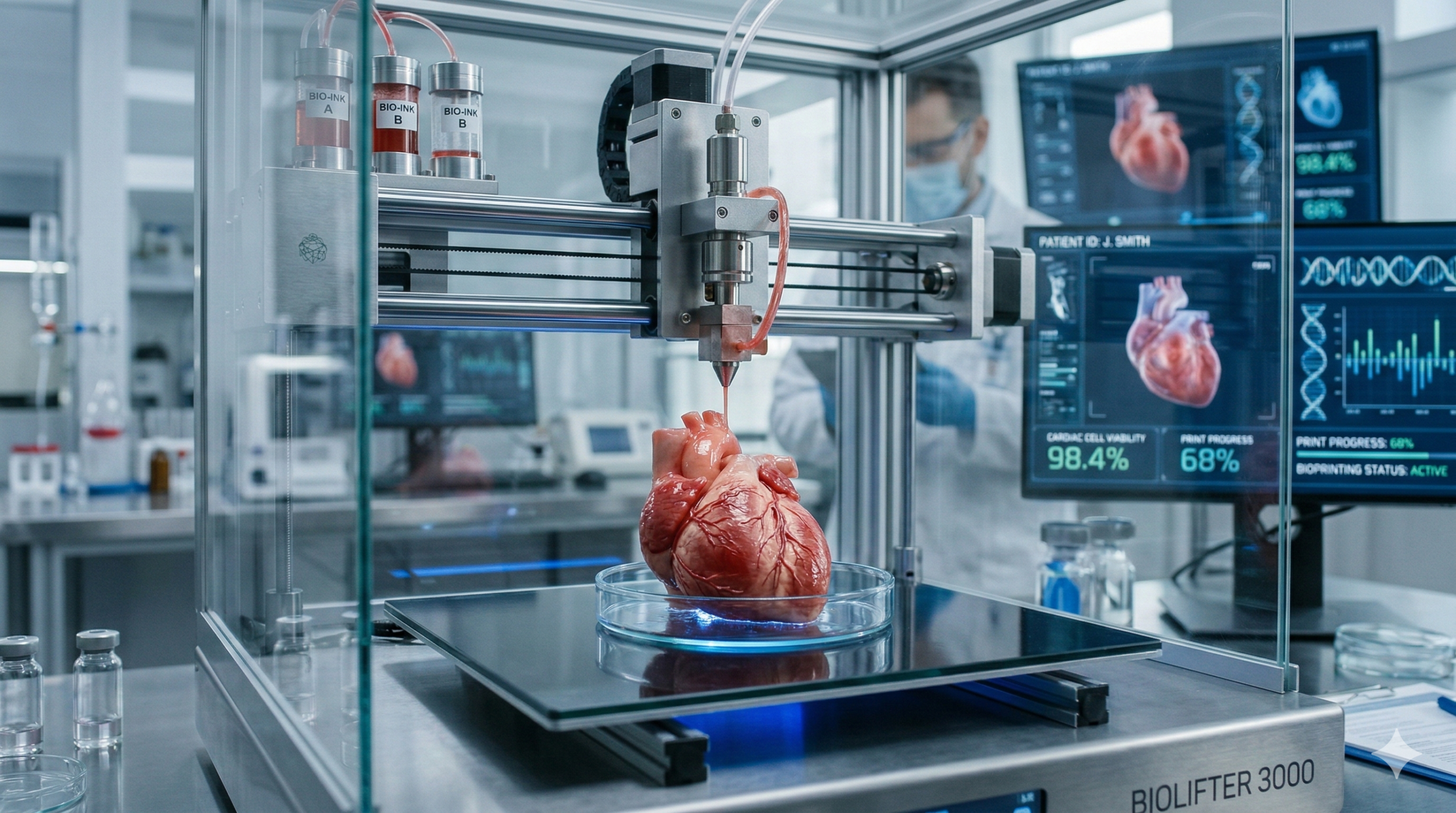Plano médio fotorrealista de uma bioimpressora 3D avançada fabricando um coração humano anatomicamente detalhado e realista em uma bandeja de vidro iluminada. Reservatórios de 'BIO-INK' estão visíveis acima da máquina, e monitores com dados médicos estão no fundo desfocado de um laboratório moderno.