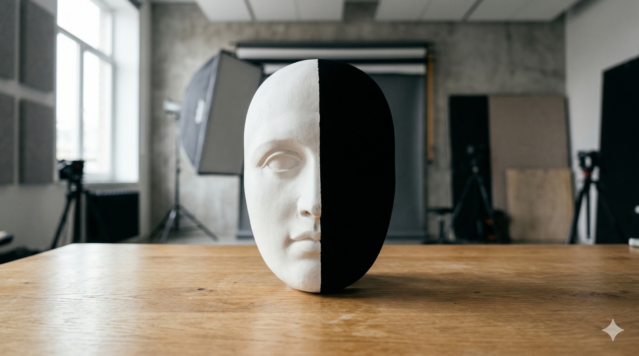 Imagem fotorrealista de uma máscara de gesso clássica e estilizada dividida verticalmente exatamente ao meio. A máscara está centralizada sobre uma mesa de madeira clara com veios visíveis. A metade esquerda da máscara é branca, exibindo volume tridimensional, definição de feições (olho, nariz, bochecha, boca) e sombras naturais sob a luz ambiente. A metade direita da máscara é profundamente preta, absorvendo toda a luz, parecendo uma silhueta bidimensional plana e sem traços visíveis, como se estivesse recortada no ar. O fundo é um estúdio fotográfico moderno desfocado, com uma grande janela à esquerda, um softbox de iluminação grande e tripés.